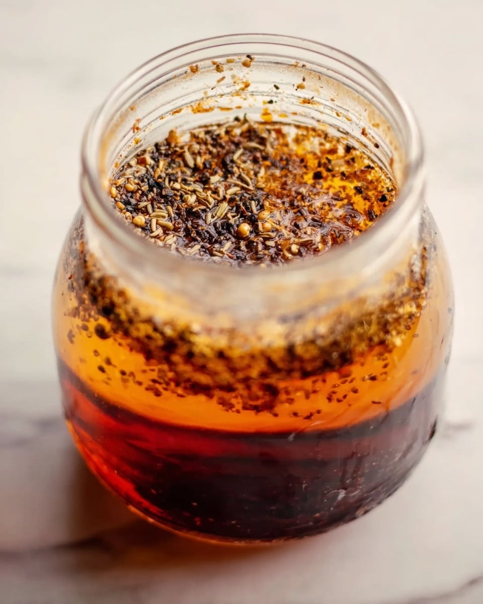 A clear glass jar filled with a dark amber liquid that looks oily and shiny. On top of the liquid, there is a thick layer of dried herbs and black pepper flakes, giving it a rough and textured look. The glass jar sits on a white marbled surface that adds a clean and bright background to the image. photo taken with an iphone --ar 4:5 --v 7