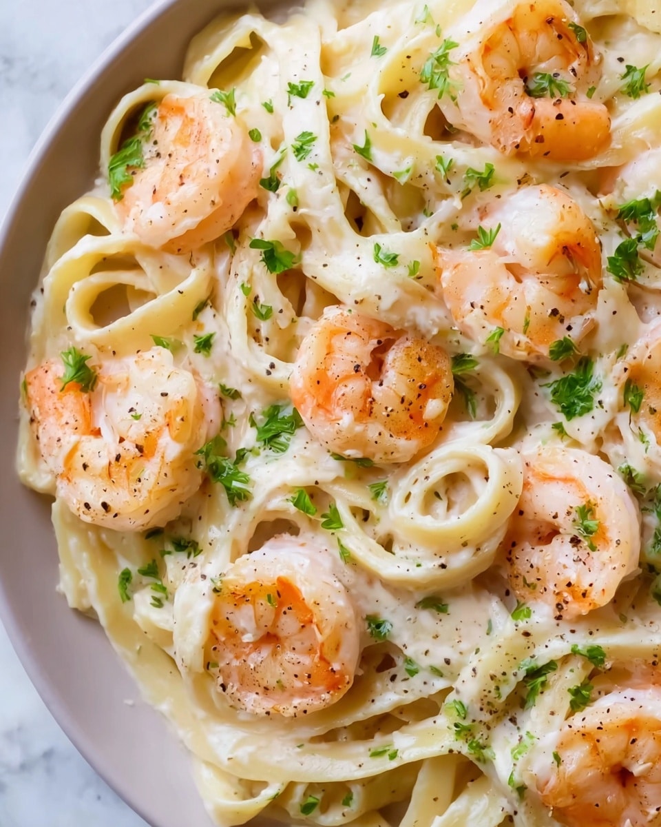 The image shows a close-up of creamy fettuccine pasta mixed with several orange-pink shrimp. The pasta is coated in a smooth white sauce, with green chopped parsley sprinkled over the top for color. The shrimp are placed evenly among the pasta, each showing a slightly firm texture with small black pepper bits on them. The whole dish is on a white plate set on a white marbled surface. photo taken with an iphone --ar 4:5 --v 7