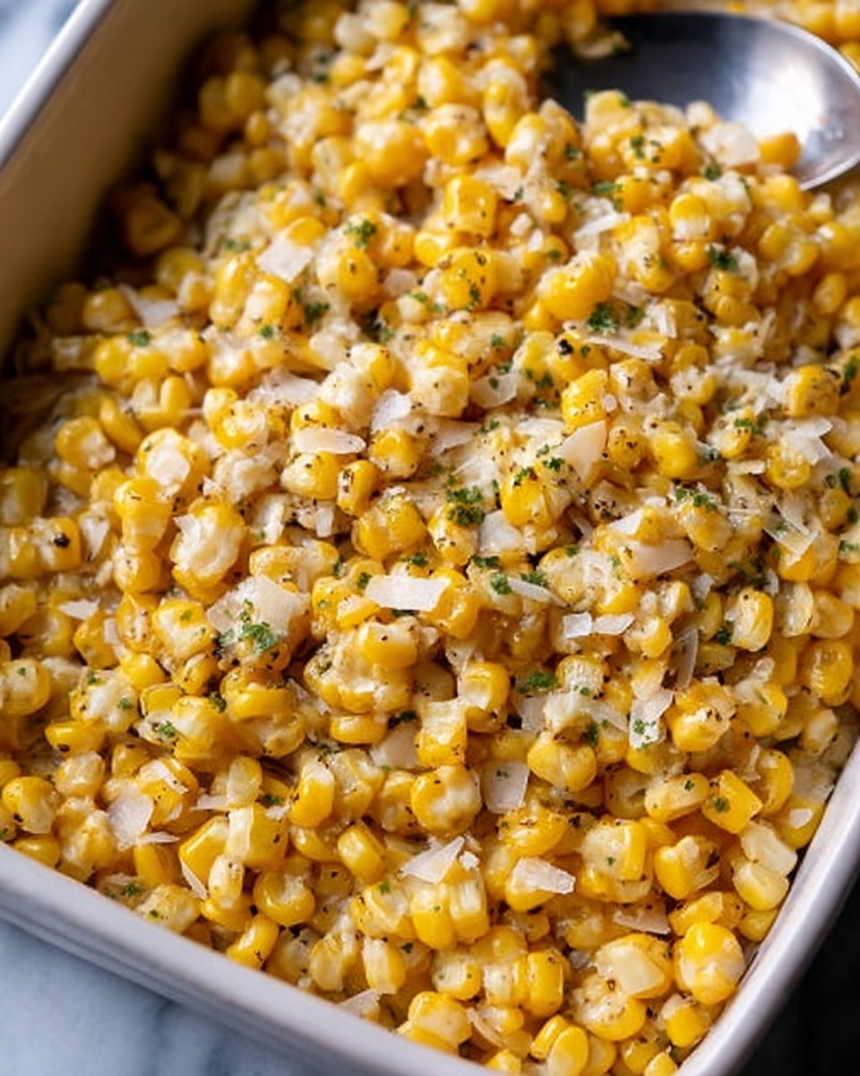 A close-up view of a creamy corn dish in a white baking dish, showing one main layer of bright yellow corn kernels mixed with a smooth, creamy sauce that is light beige with small green herbs. On top, there are scattered thin strips of pale shredded cheese. A metal spoon is scooping some of the mix, revealing the soft texture and the shine of the sauce. The whole scene is set on a white marbled surface. photo taken with an iphone --ar 4:5 --v 7