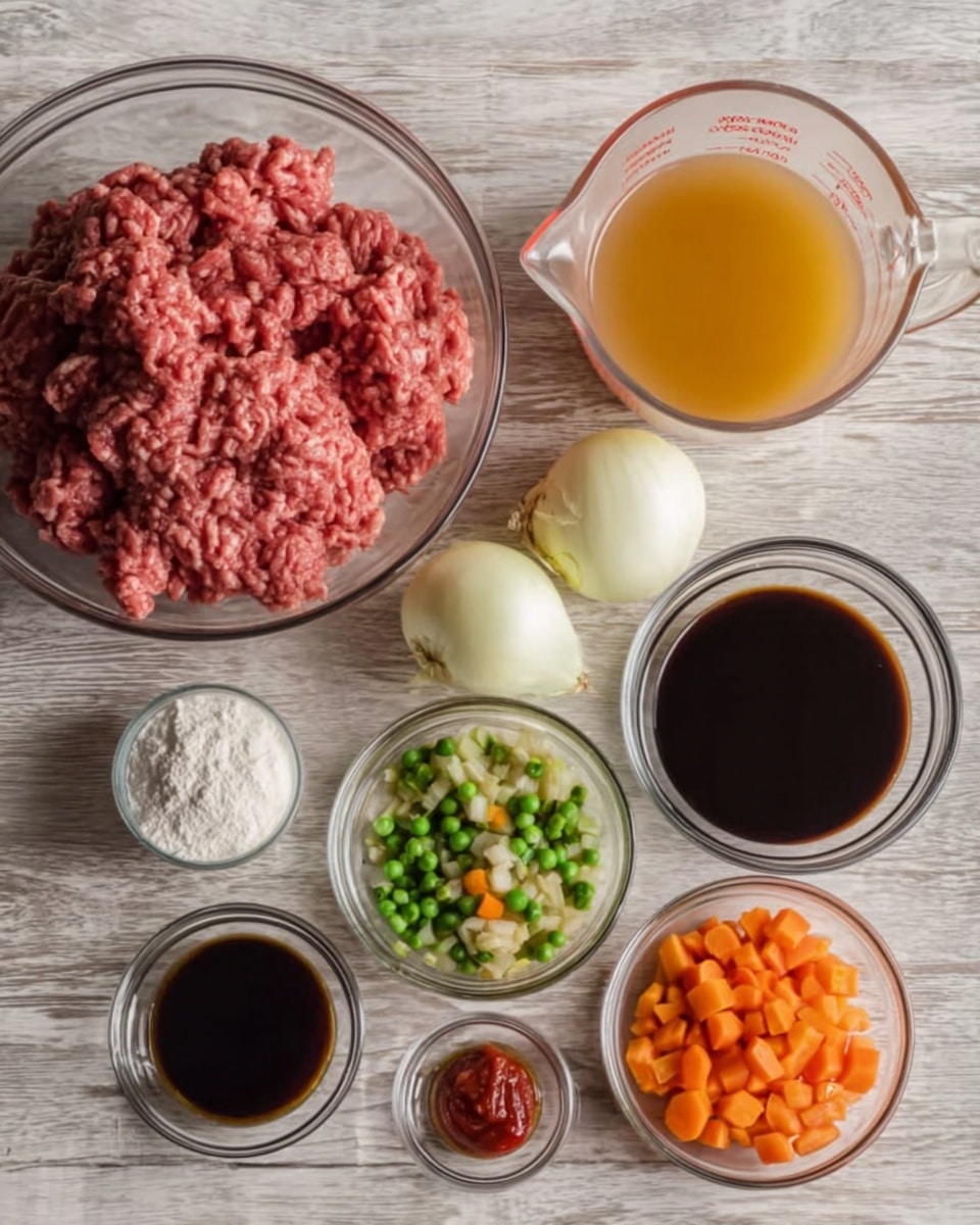 The image shows a wooden surface with several clear glass and small bowls arranged in a neat layout. On the left side, there is a large clear glass bowl filled with raw minced meat with a pinkish-red color and soft texture. Below it, two whole unpeeled onions and two cloves of garlic rest directly on the surface. To the right of the meat, a small white bowl holds a white powder, likely flour. Above and to the right, there is a glass measuring cup filled with light orange broth. Next to it, a small clear bowl contains mixed vegetables in vibrant green, orange, and pale yellow colors. Below the broth, a medium clear bowl is filled with dark soy sauce, showing a shiny and smooth surface. Beside the soy sauce, a tiny glass bowl contains another dark liquid, and in front of that, a very small clear bowl holds a small piece of bright red paste, likely pepper or tomato paste. The whole scene sits on a white marbled texture. photo taken with an iphone --ar 4:5 --v 7