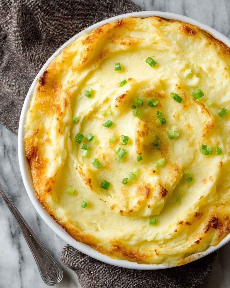 A white round dish filled with a smooth, creamy yellowish mashed potato topping with a lightly browned edge that looks soft and fluffy. The top layer has uneven wave-like textures with small scattered bright green chopped onions on it. The plate rests on a white marbled surface with a dark cloth and a silver knife partially visible nearby photo taken with an iphone --ar 4:5 --v 7