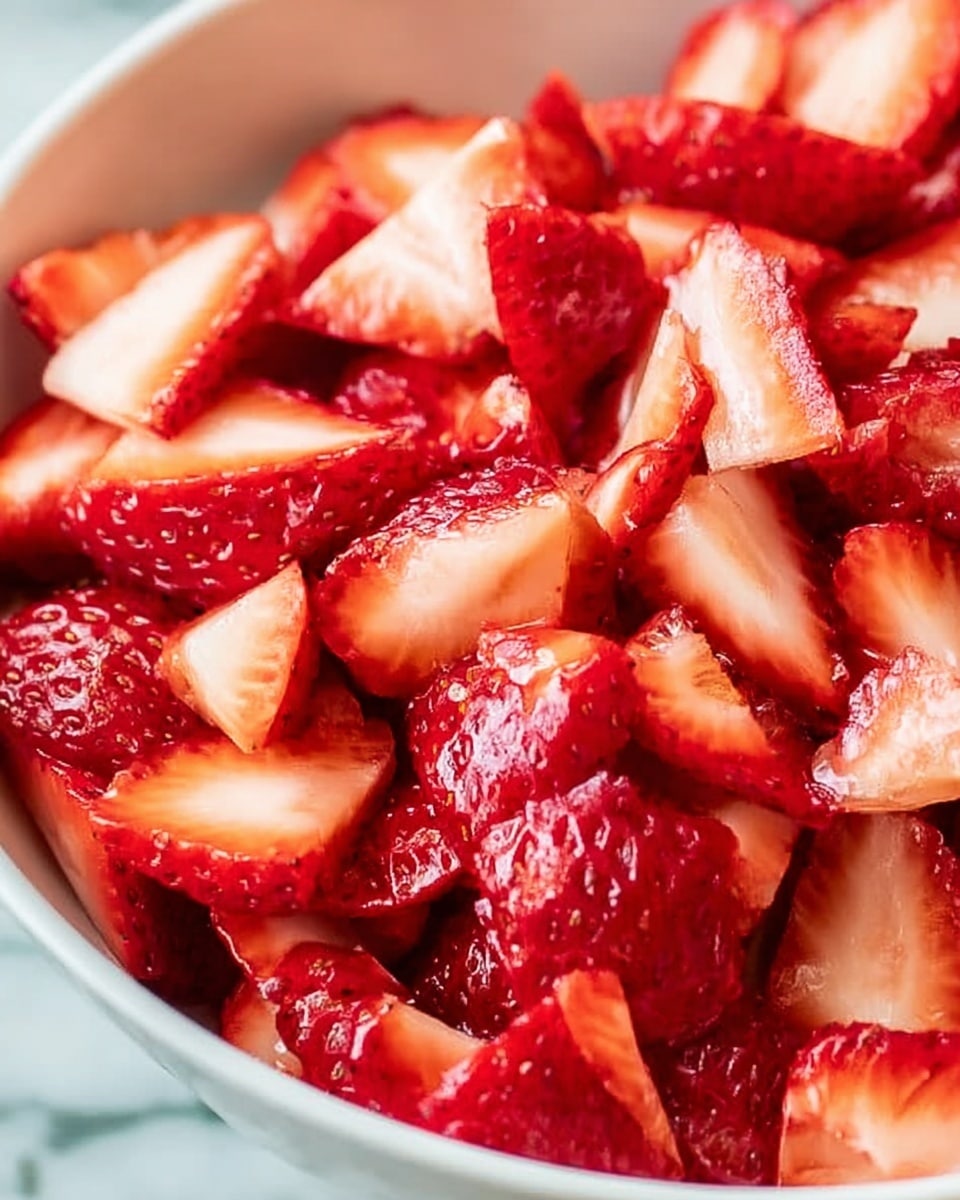 The image shows a close-up of fresh strawberries that are sliced mostly into halves and quarters. The strawberries have a bright red color with white inside showing their juicy texture. The pieces are piled closely together, filling the white bowl they are in, creating a layered look with the glossy surface of the fruit catching the light. The background is a soft white marbled surface, giving a clean and fresh feel. photo taken with an iphone --ar 4:5 --v 7