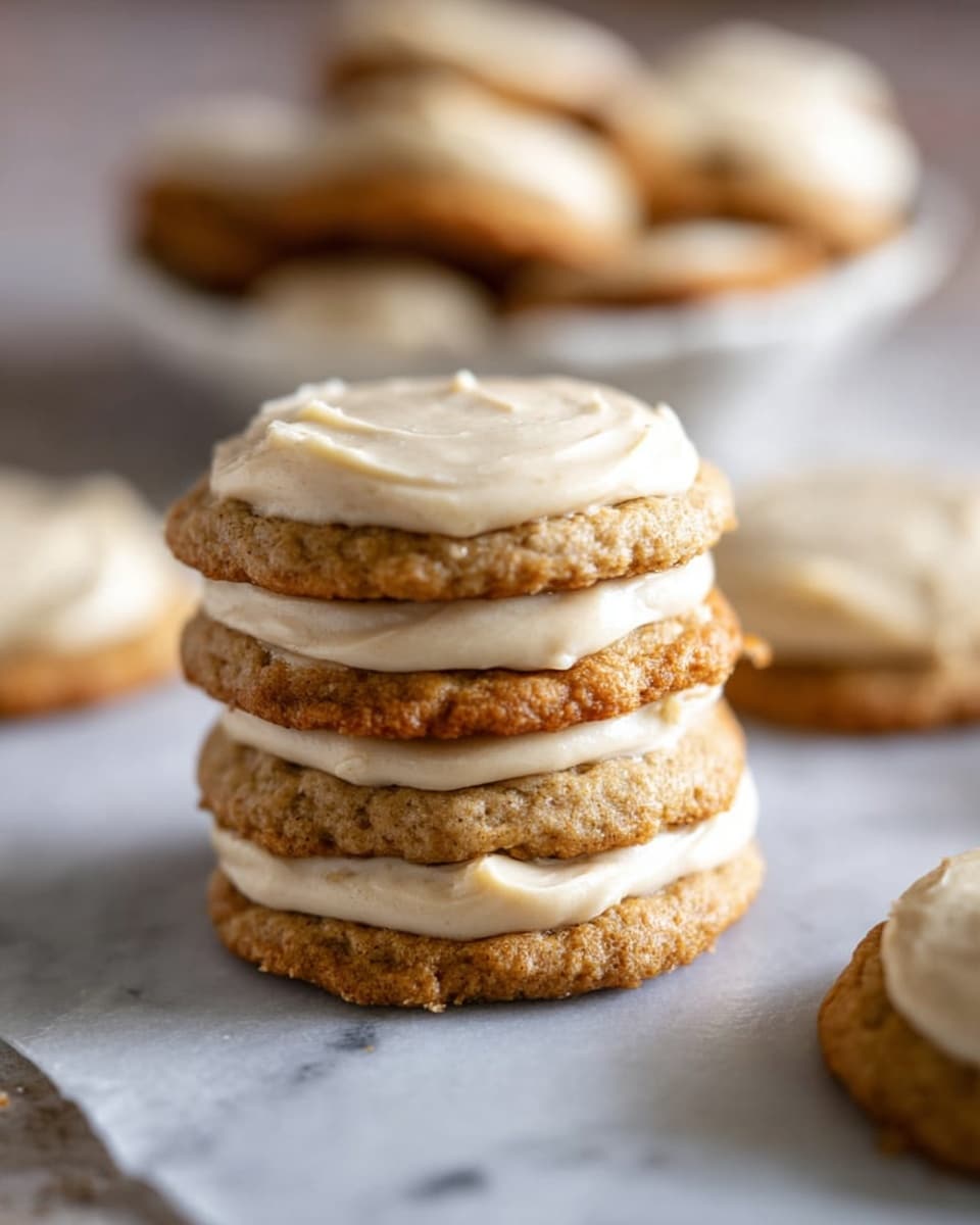 Three cookies stacked on top of each other rest on a white marbled surface, each cookie thick with a light brown color and rough texture. Between each cookie is a layer of smooth, creamy beige frosting that is also spread thickly on the top cookie. Around the stack, more cookies with the same creamy frosting can be seen slightly out of focus, with a white bowl holding more cookies blurred in the background. The scene is softly lit, creating a warm and inviting feeling. photo taken with an iphone --ar 4:5 --v 7