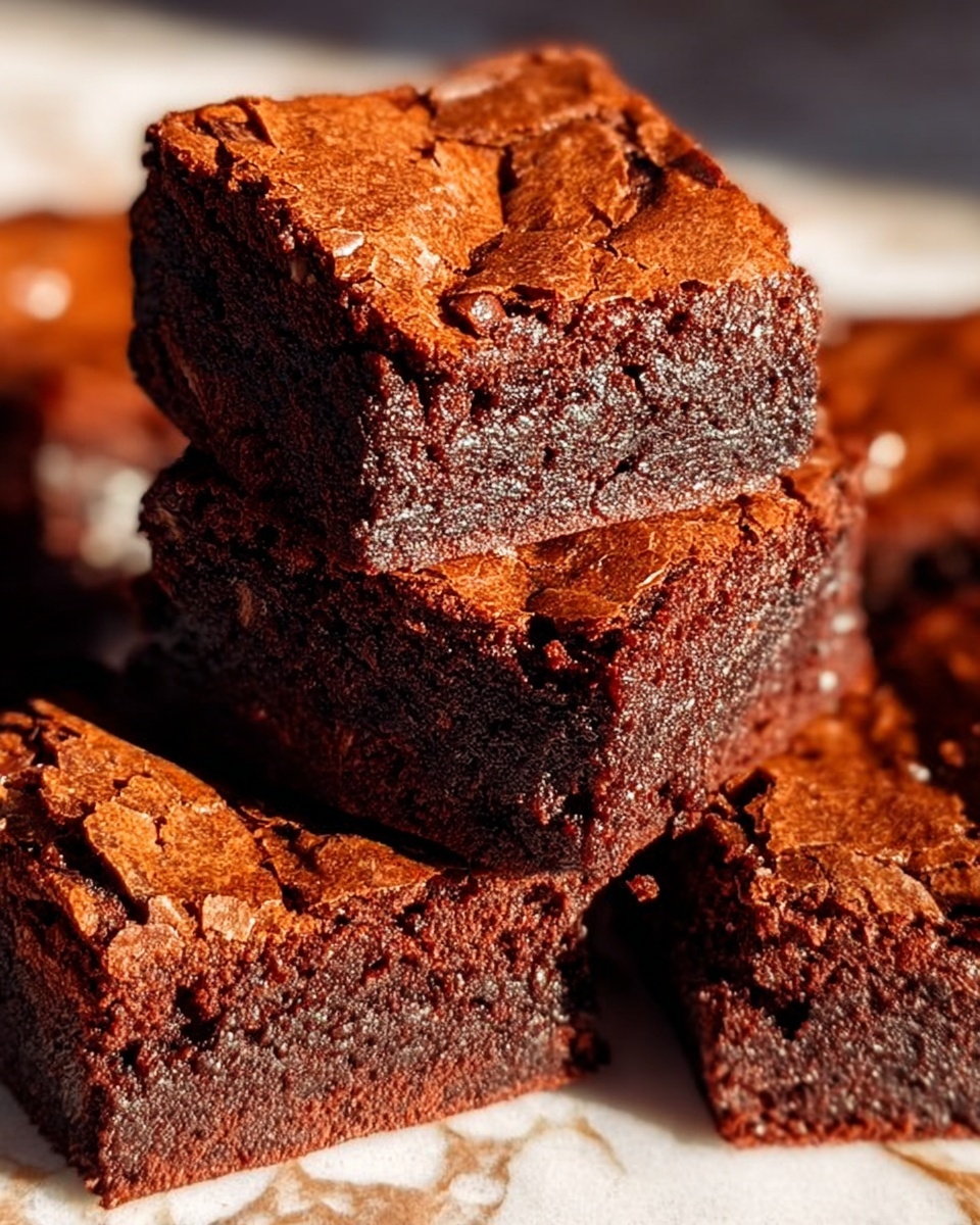 The image shows a close-up of four stacked chocolate brownies on a white marbled surface. The brownies have a rich dark brown color with a slightly shiny, cracked top layer that looks crisp. The inside of the brownies appears soft and moist with a dense texture. The top brownie is placed diagonally, showing the thickness of about one and a half inches. The sunlight hits the brownies, creating small shadows and highlighting the shiny top crust. Photo taken with an iphone --ar 4:5 --v 7