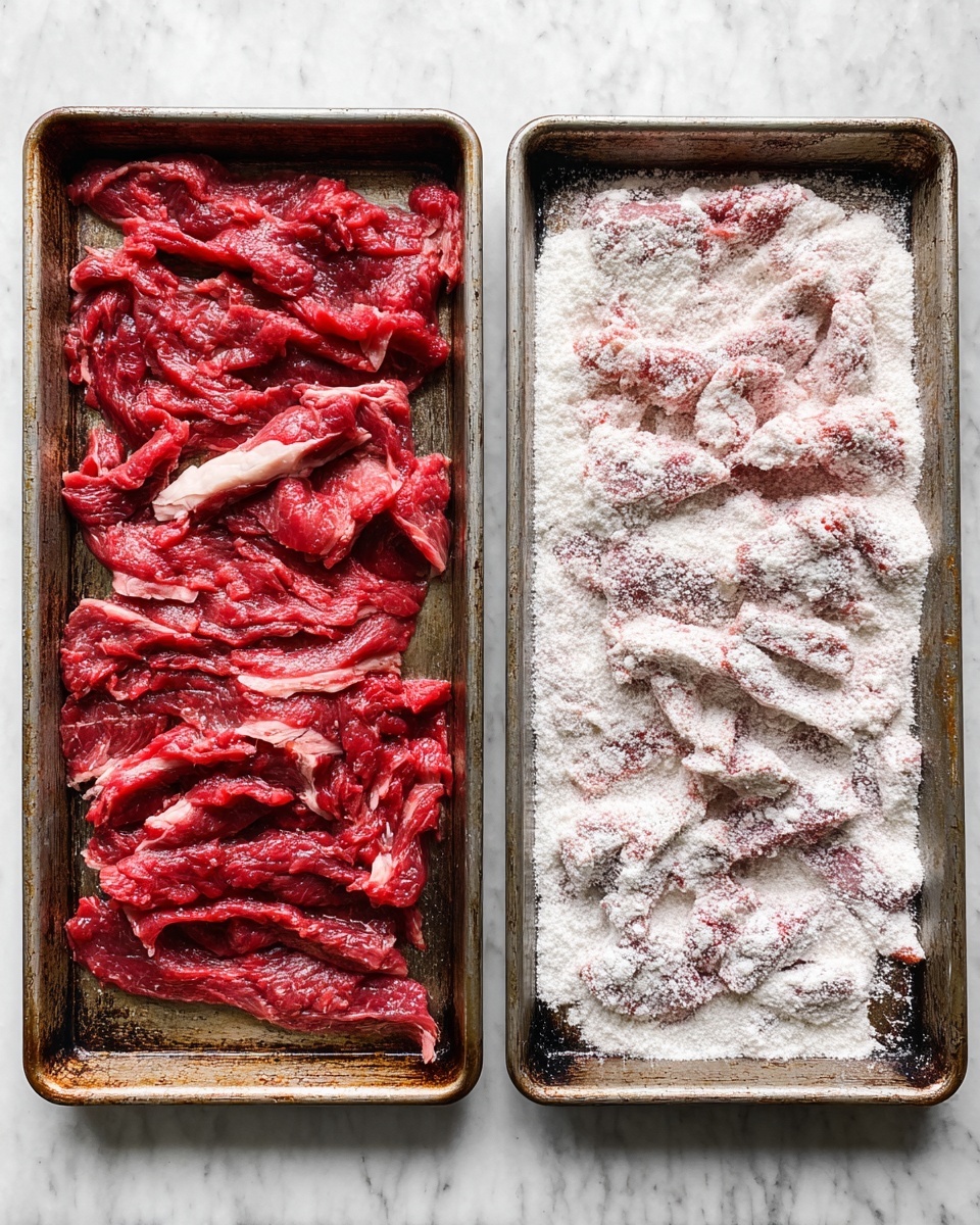 The image shows two metal trays on a white marbled surface side by side. The left tray holds raw thin strips of red meat spread unevenly, showing various shades of deep red with some white marbling on the meat edges. The right tray contains similar strips of raw red meat fully covered with a thick white powder, creating a rough texture on top of the meat. Both trays have worn, darkened spots. photo taken with an iphone --ar 4:5 --v 7