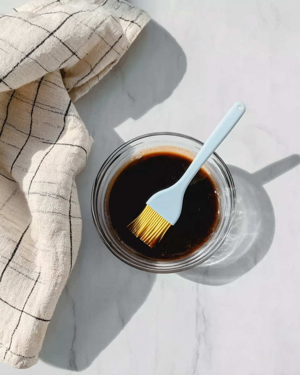 A clear glass bowl sits on a white marbled surface filled with a dark brown liquid sauce. A light blue silicone brush with yellow bristles rests inside the bowl, partially dipped in the sauce. To the left of the bowl, a light beige cloth with black grid lines is softly folded. The image is bright, with soft shadows and a clean, simple look. photo taken with an iphone --ar 4:5 --v 7