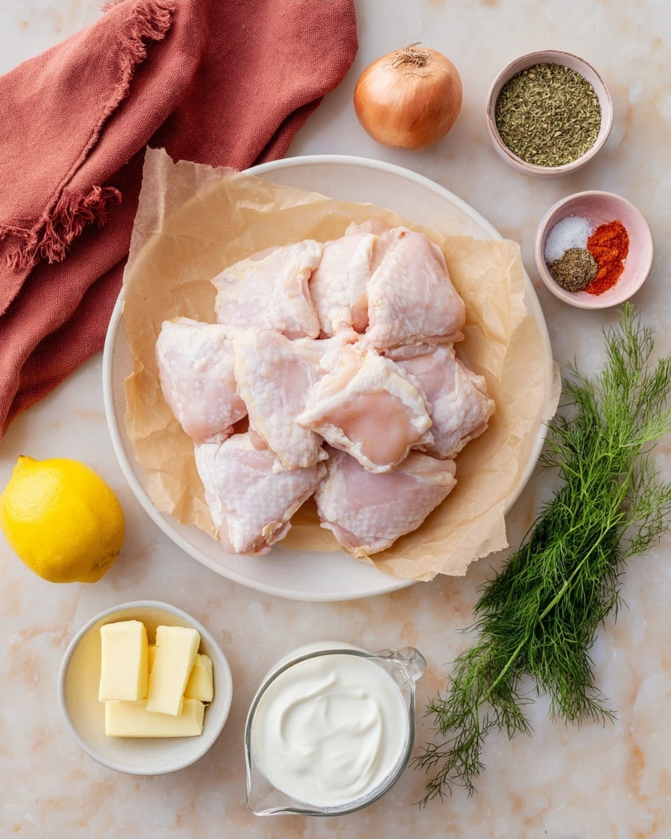 A white plate lined with light brown parchment paper holds a pile of raw chicken thighs, pale pink with some white fat. Around the plate, on a white marbled surface, there is a whole lemon with bright yellow skin in the bottom left corner, a small white bowl with two light yellow blocks of minced garlic below the plate, and a white measuring cup filled with smooth white yogurt to the right. Near the yogurt is a bunch of fresh green dill with fine leaves. Above the plate, a small pink bowl contains green dried herbs, while a small white bowl holds three spices divided into sections: coarse black pepper, bright red paprika, and white salt. At the top center above all, there is a single shallot with smooth brown skin. A folded rust-colored cloth napkin is in the top left corner. Photo taken with an iphone --ar 4:5 --v 7