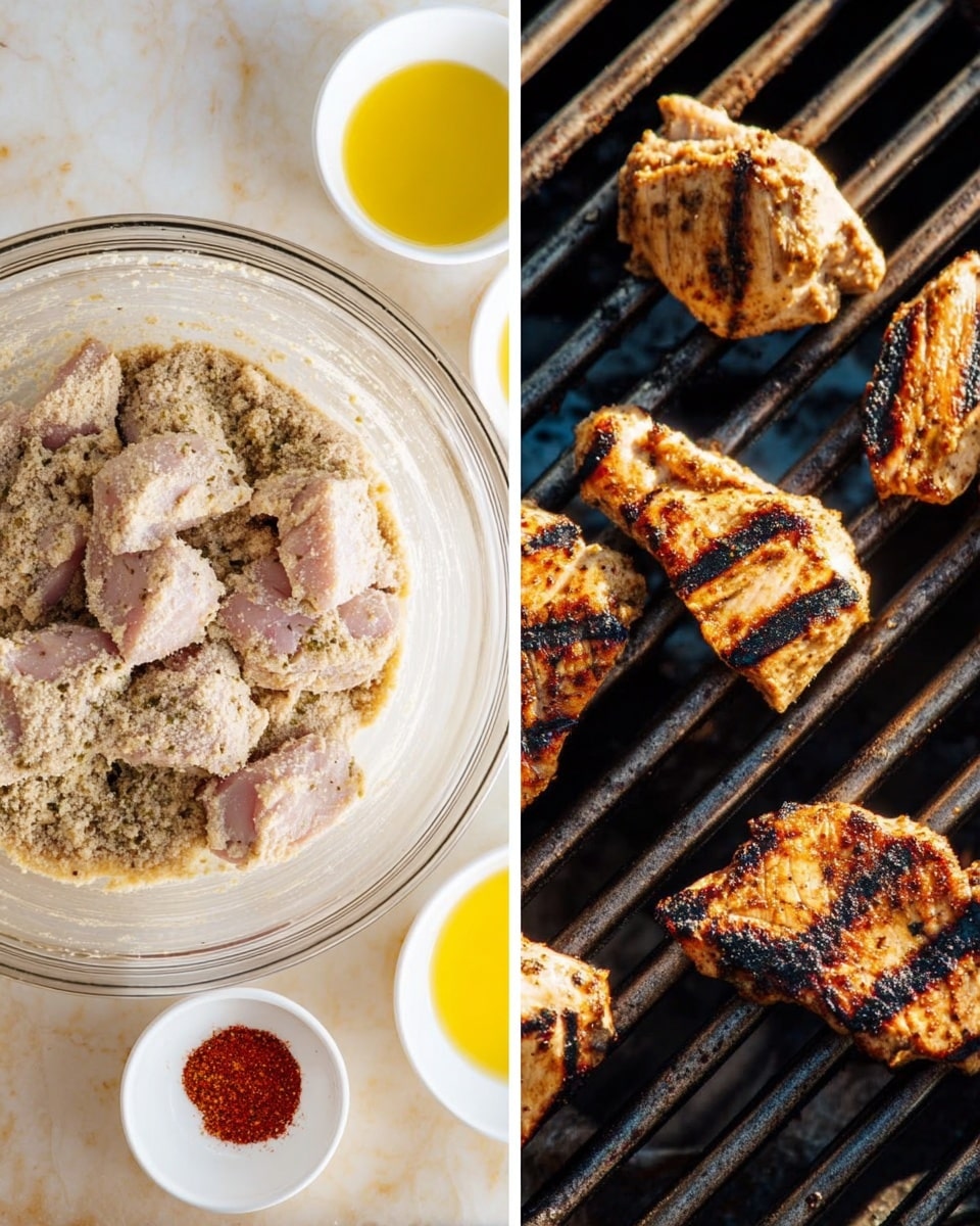The image shows two parts: on the left side is a clear glass bowl filled with raw meat pieces coated in a creamy, light brown mixture with breadcrumbs and herbs. Around the bowl are small white dishes holding yellow oil, red spice powder, and a white liquid. The background is a white marbled surface. On the right side, several pieces of the same meat are on a grill, showing a golden brown color with dark grill marks and a slightly charred texture on some edges, with the grill bars visible underneath and the background darkened by shadows. Photo taken with an iphone --ar 4:5 --v 7