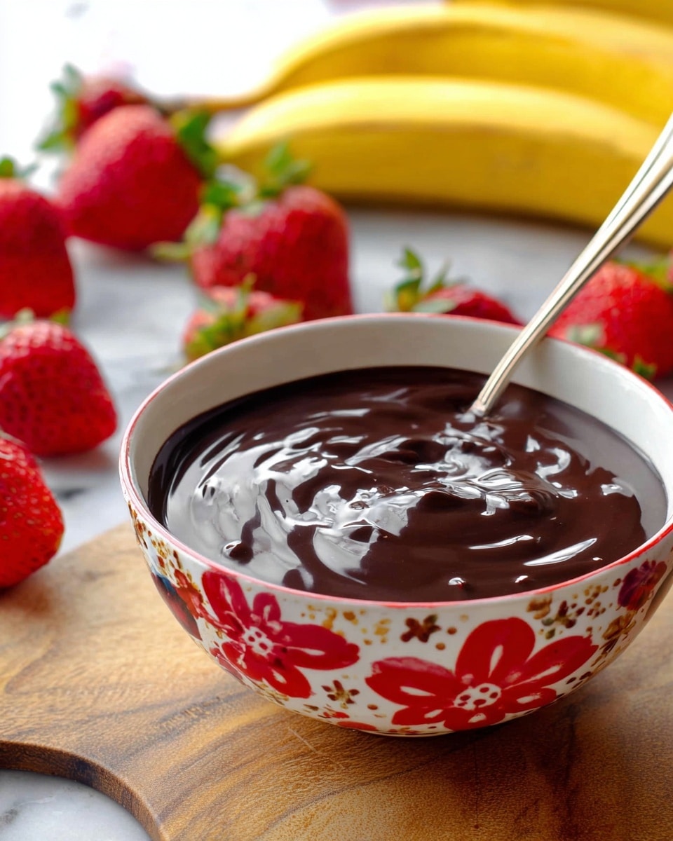 A white bowl with red flower patterns around the outside is filled with smooth, shiny dark chocolate sauce with a glossy texture swirled on top. A silver spoon rests inside the bowl, partially submerged in the chocolate. In the background, a yellow banana and several bright red strawberries with green leaves lie on a white marbled surface, adding freshness and color to the scene. Photo taken with an iphone --ar 4:5 --v 7