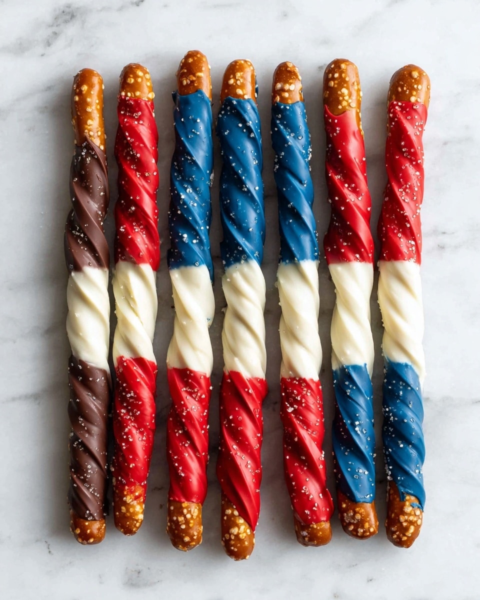 Six pretzel sticks stand side by side on a white marbled surface. Each pretzel is partially covered in smooth layers of chocolate in red, white, and blue colors. The bottom part of each pretzel is plain with grains of salt visible. Above this, there is a thick red chocolate layer, followed by a white chocolate layer, another red chocolate layer, and finally a blue chocolate layer covering the top third of the pretzel. The chocolate layers have a textured, swirling finish, and the colors are vivid and glossy. The image is bright and clear, showing the pretzels evenly spaced in a straight line. Photo taken with an iphone --ar 4:5 --v 7