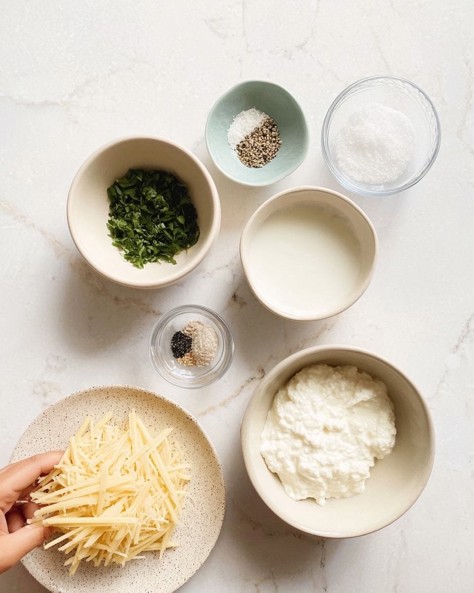 The image shows seven bowls and a small plate arranged on a white marbled surface. One bowl contains chopped green herbs placed near the top left. To its right, a small white bowl holds a white powdery substance, possibly salt. Below the herbs, a small clear bowl has a mix of black and white granules, likely salt and pepper. In the center is a medium white bowl filled with a white liquid. Below it, on the bottom right, another white bowl is filled with a thick, creamy white substance. To the left of this bowl, a beige bowl contains a mound of finely shredded light yellow cheese. At the bottom left of the image, a woman's hand is holding a clear speckled plate with some dry pasta sticks positioned on the edge of the plate. The whole setting is neat and organized. photo taken with an iphone --ar 4:5 --v 7