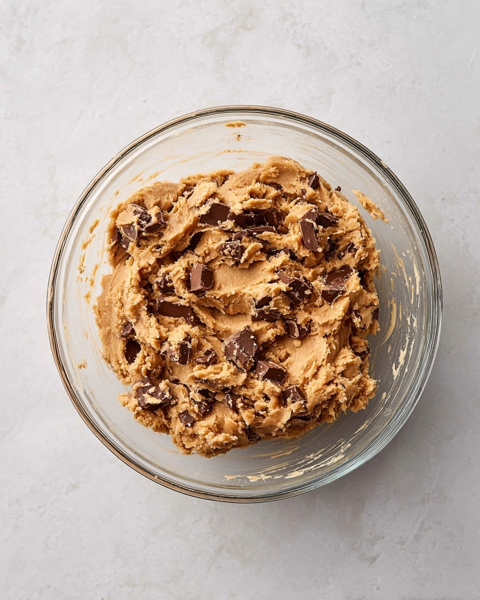 A clear glass bowl holds a thick, light brown cookie dough mixed with large chunks of dark chocolate spread evenly throughout. The dough has a slightly rough texture with visible small cracks and smooth, creamy parts. The bowl is placed on a white marbled surface, with a simple and clean background. The dough fills most of the bowl's interior, giving a cozy and homemade feel. photo taken with an iphone --ar 4:5 --v 7
