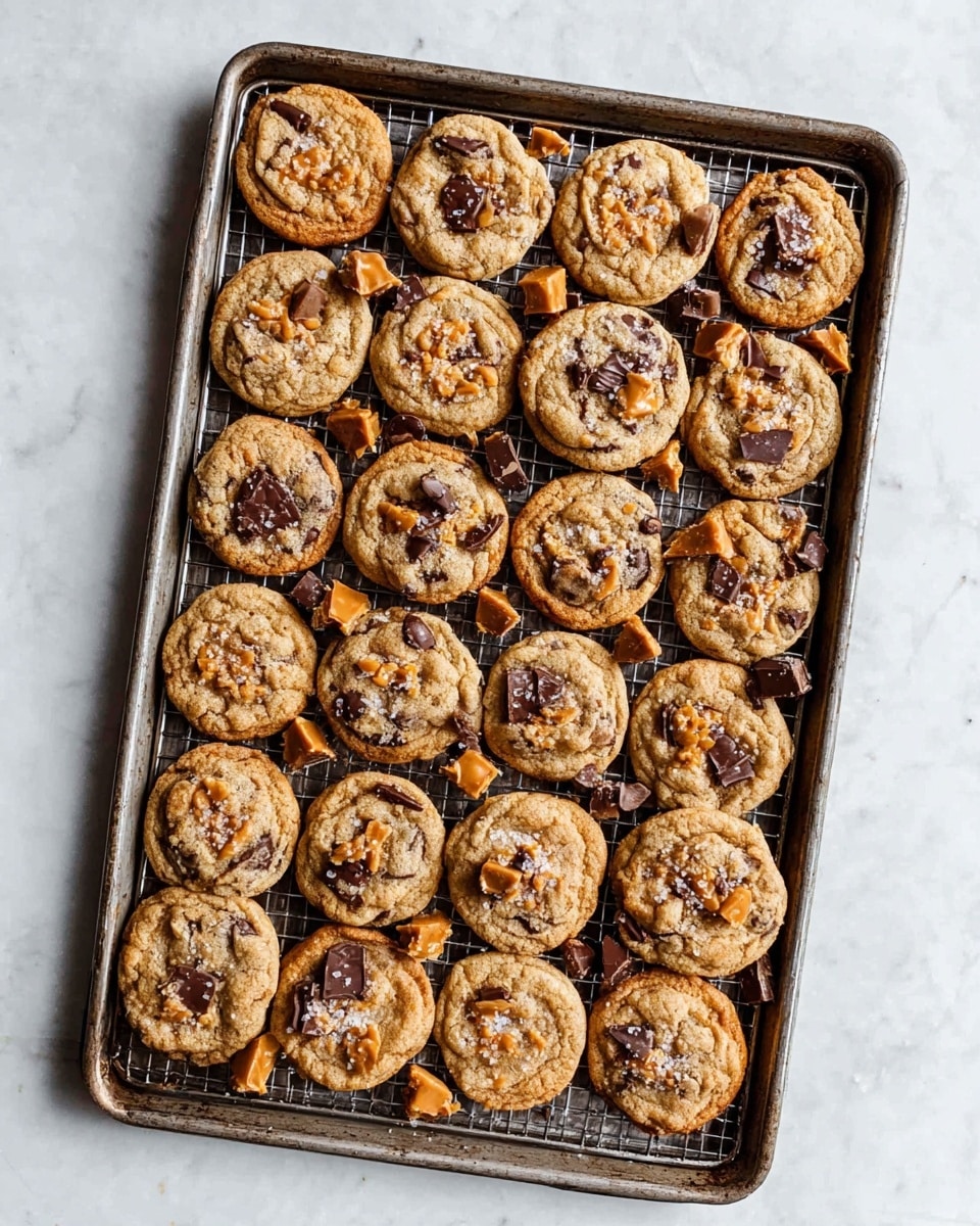 A metal baking tray with a wire rack holds twenty-three round cookies arranged closely. Each cookie is light brown with uneven dark brown chocolate chunks and orange caramel or toffee bits mixed inside and on top. Some cookies have flaky white salt sprinkled over them. Around the edges of the tray, there are broken pieces of chocolate covered caramel or toffee scattered, adding texture. The tray is set on a white marbled surface. photo taken with an iphone --ar 4:5 --v 7
