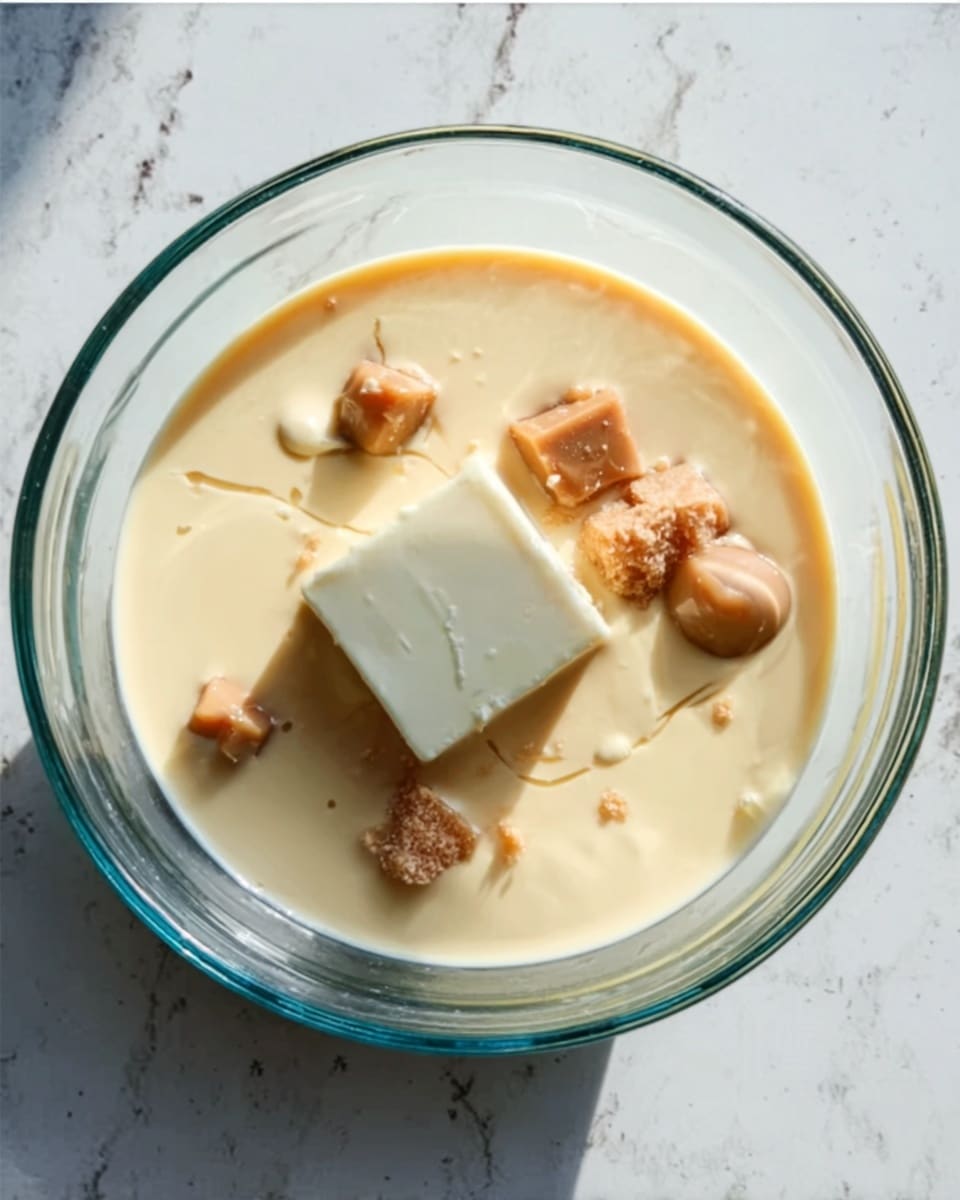 The image shows a clear glass bowl on a white marbled surface, filled with a creamy light beige liquid. Inside the liquid, there is a white square of butter starting to melt and several small caramel-colored pieces scattered around it. The creamy texture looks smooth and thick, with the solid ingredients partially submerged. Photo taken with an iphone --ar 4:5 --v 7