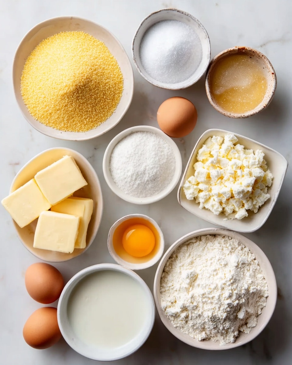 The image shows eight white bowls and two eggs arranged on a white marbled surface. The top left bowl holds a mound of yellow cornmeal with a grainy texture. Next to it, a bowl contains white powdered sugar with a soft, fluffy look. To the right, a small bowl is filled with a light golden syrup that looks smooth and shiny. Below the syrup, a square white bowl contains three thick slabs of pale yellow butter with a creamy texture. Below the cornmeal, a smaller bowl holds white milk with a smooth surface. To the right, there is a bowl of white cottage cheese with a crumbly texture. Next to it, a bowl is filled with white flour that looks fine and powdery. Below the milk, a cracked egg is shown in a small white bowl, displaying a bright yellow yolk in clear egg white. Two whole brown eggs are placed beside the bowls on the marble surface. Photo taken with an iphone --ar 4:5 --v 7