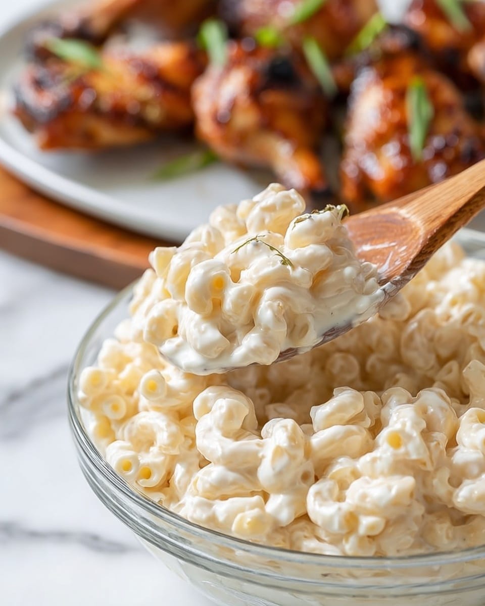 The image shows a close-up of creamy macaroni salad in a clear bowl, with small elbow macaroni covered in a thick white sauce, lifted by a wooden spoon. The macaroni pieces have a smooth texture and are slightly shiny from the dressing. The background features grilled chicken legs on a white plate, blurred out with some green garnish on top, all set against a white marbled surface. Photo taken with an iphone --ar 4:5 --v 7