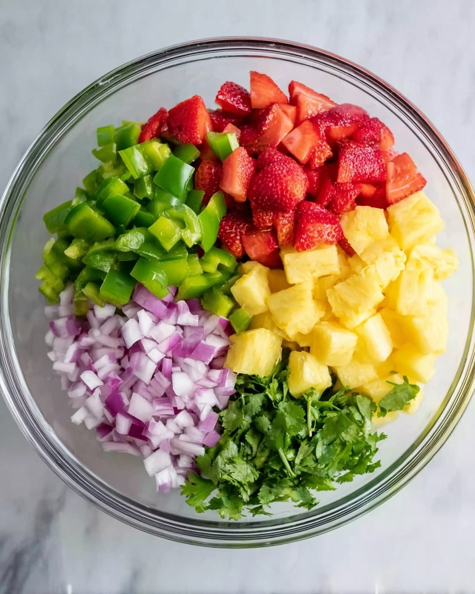 A clear glass bowl sits on a white marbled surface, filled with five distinct piles of chopped ingredients. At the top right, bright yellow pineapple chunks form a smooth, even layer. Next to them on the left, vibrant red strawberry pieces create a slightly rough textured group. Below the strawberries, vivid green bell pepper cubes provide a crisp, square shape, while to the left of the bell peppers, finely sliced pale purple onions add a soft, chopped texture. Finally, at the bottom right, fresh green cilantro leaves lie loosely, showing their delicate edges and varying shades of green. Photo taken with an iphone --ar 4:5 --v 7