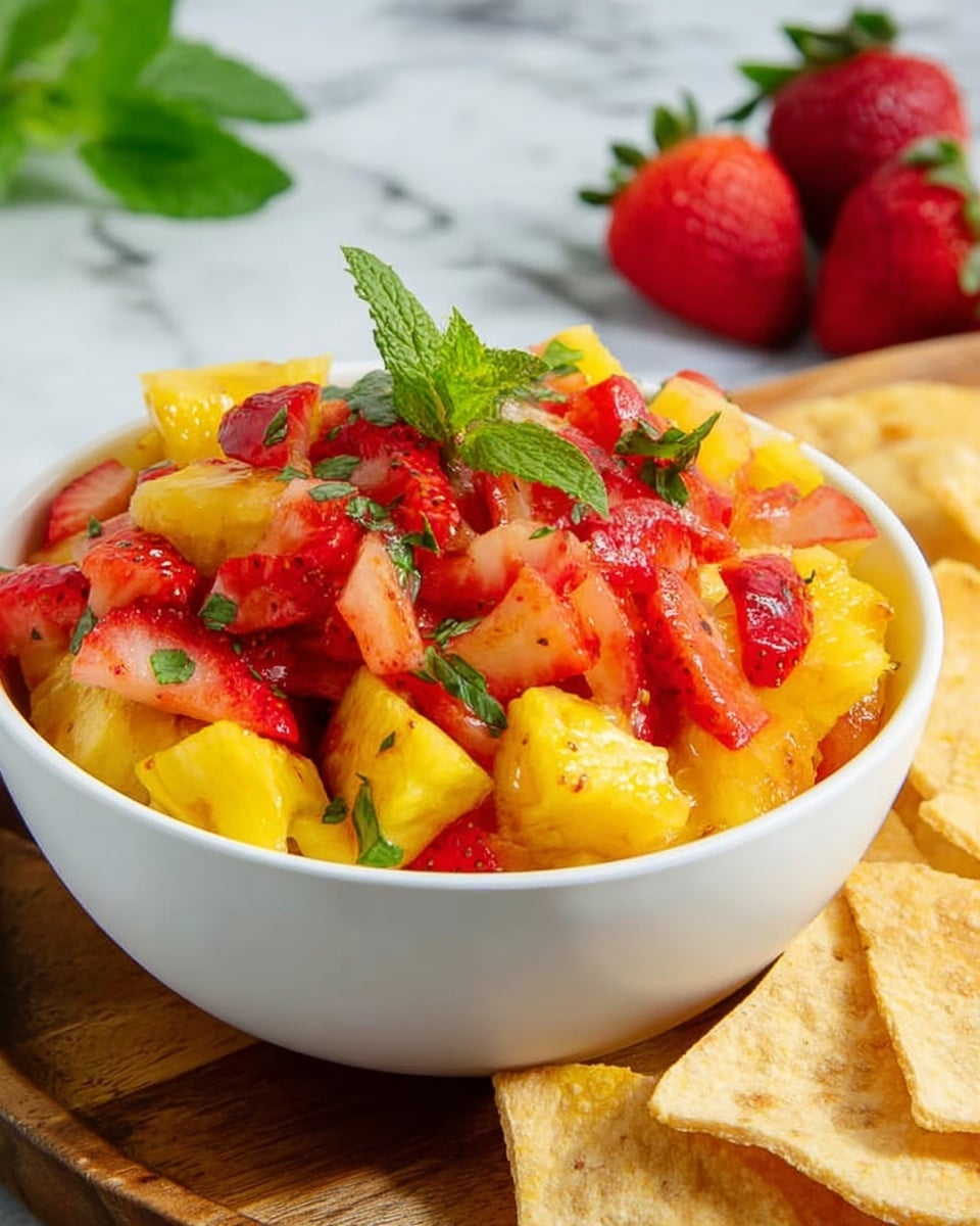 A white bowl filled with a colorful fruit salad is placed on a wooden board. The salad has two layers: the bottom layer is bright yellow pieces of pineapple with a juicy, slightly fibrous texture, and the top layer is fresh red strawberry chunks with small green mint leaves sprinkled evenly over the fruit. Around the bowl, there are several light brown crispy chips scattered on the wooden board. In the background, a white marbled surface can be seen with two strawberries and some green mint leaves blurred out. The photo taken with an iphone --ar 4:5 --v 7