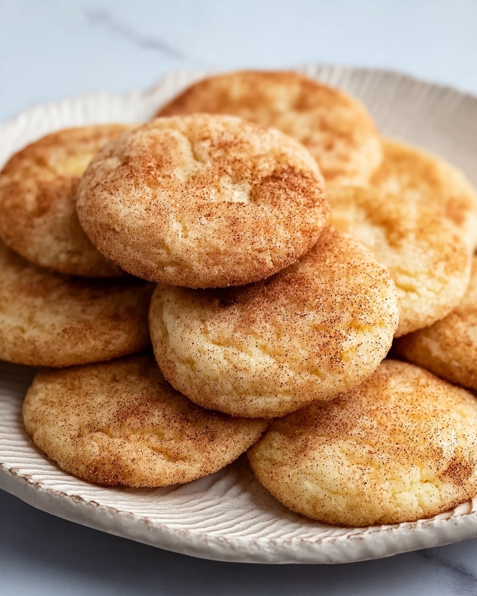 A pile of round cookies with a light golden-brown color and a slightly uneven surface sits stacked on a white plate with a soft textured edge. Each cookie has a dusting of cinnamon sugar, giving them a speckled look with darker cinnamon spots. The cookies appear soft with gentle cracks and a slightly powdery coating. The plate is placed on a white marbled surface. photo taken with an iphone --ar 4:5 --v 7