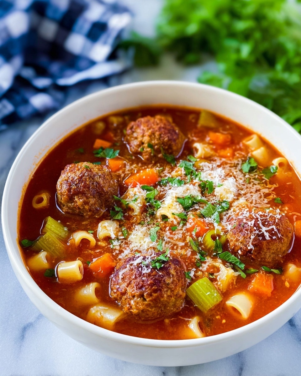A white bowl filled with a rich tomato soup containing four brown meatballs sitting near the bowl's edges, small pale yellow pasta tubes scattered throughout, and vibrant pieces of orange carrot and green celery evenly mixed in. The soup is topped with a sprinkle of grated white cheese and small green parsley leaves, adding texture and color. The bowl is placed on a white marbled surface with a blurred blue and white checkered cloth and green herbs in the background. photo taken with an iphone --ar 4:5 --v 7