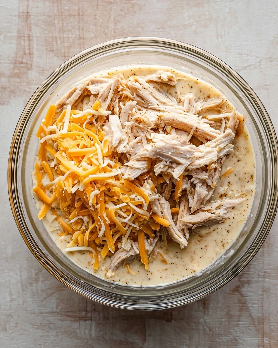 A clear glass bowl sits on a white marbled surface. Inside, there are two main layers: the base layer is a creamy, light beige sauce with visible seasoning mixed in, evenly spread along the sides and bottom of the bowl. On top, there is a layer of shredded, cooked chicken that is pale with some browned edges and flakes of seasoning. In one area of the bowl, there is a small pile of mixed shredded cheese with orange and white strands. The textures show soft creaminess combined with tender meat and cheese strands. photo taken with an iphone --ar 4:5 --v 7