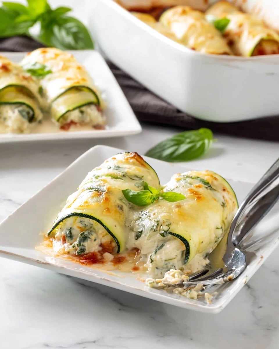 The image shows two rolled zucchini slices placed side by side on a white square plate set on a white marbled surface. Each zucchini roll is filled with a white creamy mixture that looks soft and smooth in texture. The zucchini slices are topped with melted cheese that has a golden-brown color, slightly bubbly and uneven, adding a touch of crispiness. Small bits of red, possibly tomato, are visible under the cheese. A few fresh green basil leaves are scattered on top and around the rolls for garnish, adding a fresh green contrast to the warm colors. The whole scene looks bright and appetizing, with focus on the texture and layers of the zucchini rolls. photo taken with an iphone --ar 4:5 --v 7