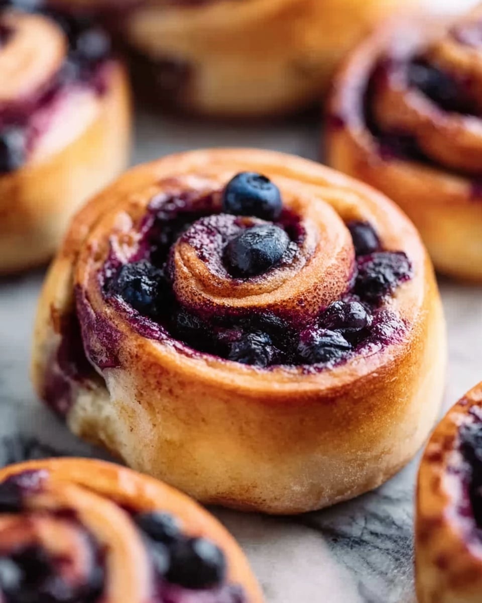 A close-up view of a freshly baked cinnamon roll with a thick swirl of golden-brown dough layered with deep purple-blue blueberry filling, scattered with whole blueberries that add pops of dark blue. The dough looks soft and slightly shiny, showing the warm, fluffy texture inside the swirls. The roll sits on a white marbled surface with other similar rolls slightly blurred in the background, creating a cozy and inviting scene. photo taken with an iphone --ar 4:5 --v 7