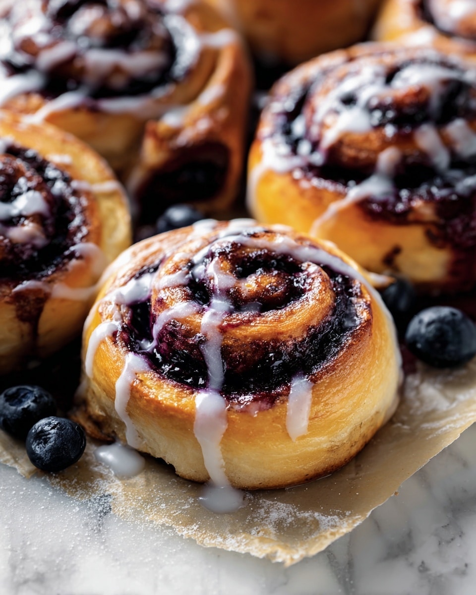 A close-up view of a single cinnamon roll with a golden brown, soft, and fluffy dough spiral layered twice, topped with blueberries and drizzled with thick white icing that runs down the sides. Some blueberries sit on top and around the cinnamon roll, resting on a white marbled surface dusted lightly with white powdered sugar. The cinnamon roll has a glossy texture with visible cinnamon swirls peeking through under the icing. In the background, a blurred bowl of blueberries is visible, adding depth to the image. Photo taken with an iphone --ar 4:5 --v 7