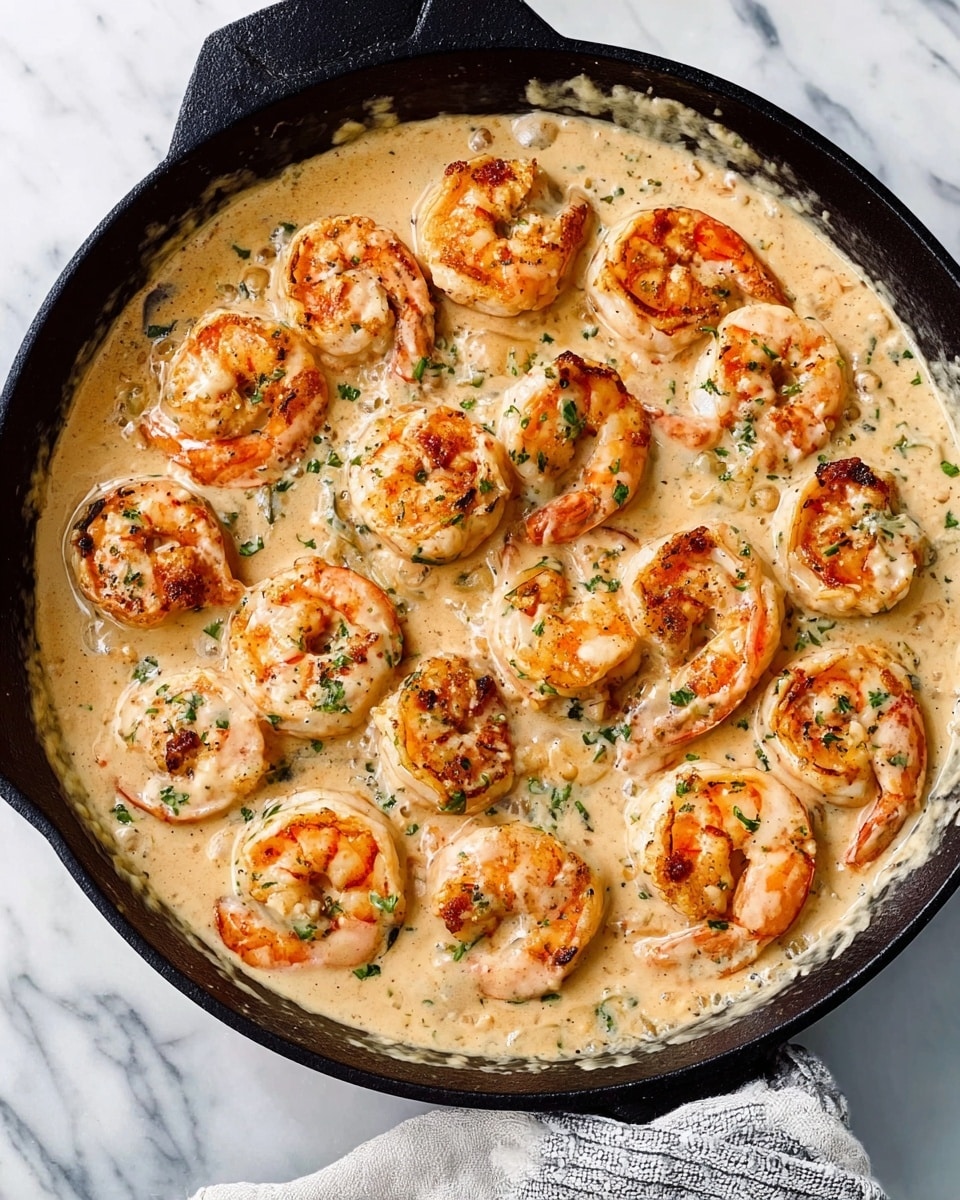 A black skillet filled with a creamy light beige sauce topped with several cooked shrimp arranged in a circular pattern. The shrimp are orange-pink with slight char marks, and small green herbs are sprinkled evenly over the dish. The skillet sits on a white marbled surface with a bit of the cloth napkin visible in the corner. The creamy sauce has a smooth texture that softly pools around the shrimp. Photo taken with an iphone --ar 4:5 --v 7