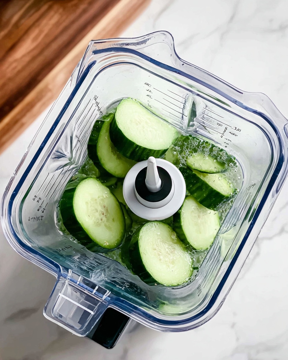 Inside a clear square blender container, there are thick slices of dark green cucumber with visible seeds placed on top of a light liquid. The container has measurement marks in black on its sides, and the blender's white curved blade with a black center is in the middle at the bottom. The background is a white marbled surface with soft gray veins, and a wooden cutting board is partially visible at the top left corner. photo taken with an iphone --ar 4:5 --v 7