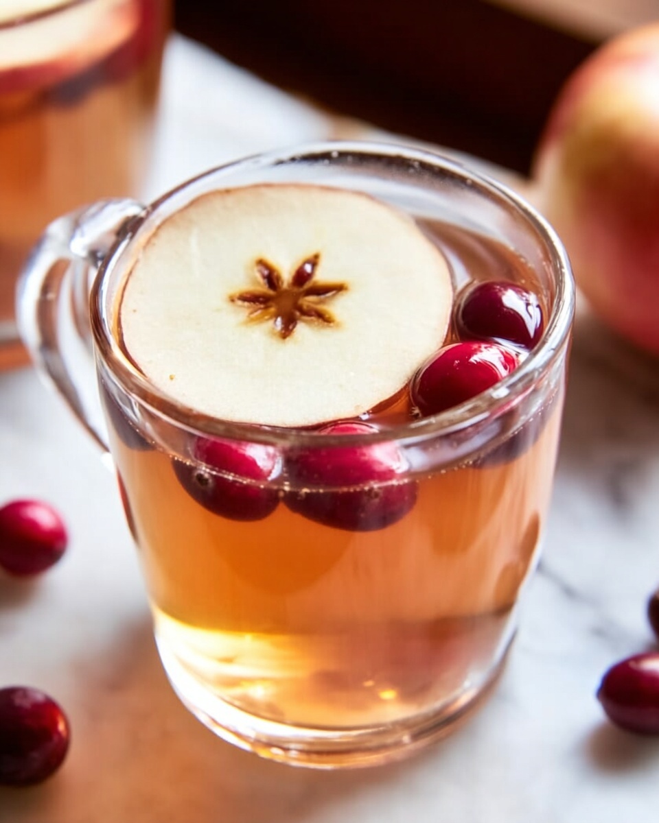 The image shows a clear glass mug filled with a light brown liquid, likely tea or cider. On top of the drink, there is a thin round slice of a pale cream-colored fruit with a star-shaped center visible, surrounded by three small, shiny red cranberries floating. The glass sits on a white marbled surface, there are some cranberries and a blurred brown shape, likely an apple, in the background. The lighting is soft and natural, highlighting the warm tones of the drink and fruit. Photo taken with an iphone --ar 4:5 --v 7