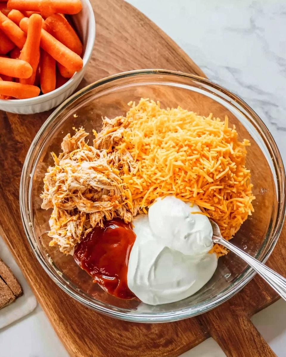 A clear glass bowl sits on a wooden board on a white marbled surface, filled with four distinct layers: shredded light brown chicken, bright orange shredded cheddar cheese covering part of the chicken, a smooth dollop of white sour cream on one side, and some red sauce next to the sour cream. A metal spoon is dipping into the bowl from the right side. In the upper left corner, there is a white bowl filled with baby carrots. Photo taken with an iphone --ar 4:5 --v 7