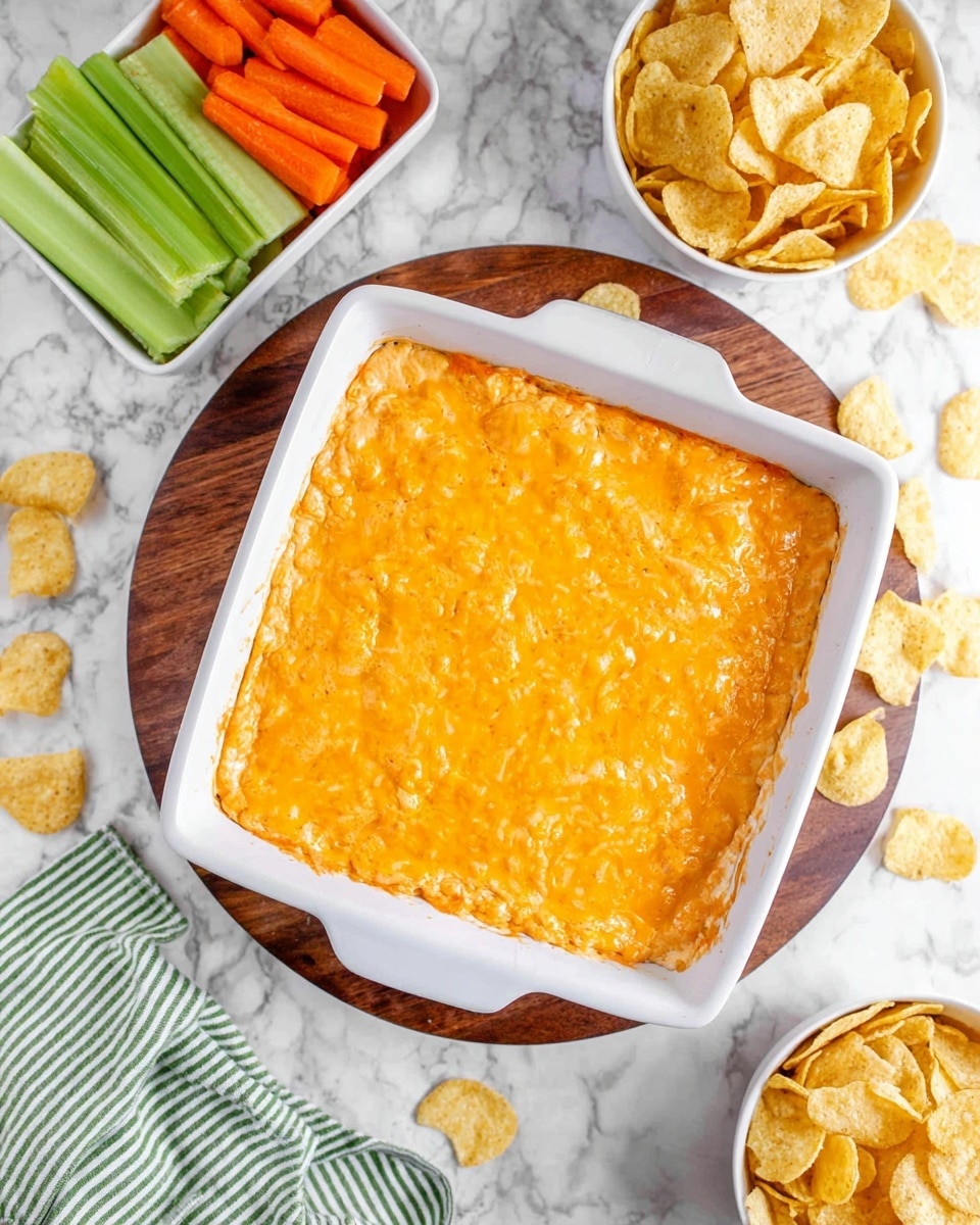 A white square baking dish filled with a thick, creamy orange cheese dip layer that looks smooth with some texture from melted cheese on top, placed on a wooden board. Around it, there are three white bowls, one with long green celery sticks, another with small orange baby carrots, and a third filled with round yellow corn chips. The background is a white marbled surface with scattered corn chips and a green and white striped cloth napkin in the corner, photo taken with an iphone --ar 4:5 --v 7