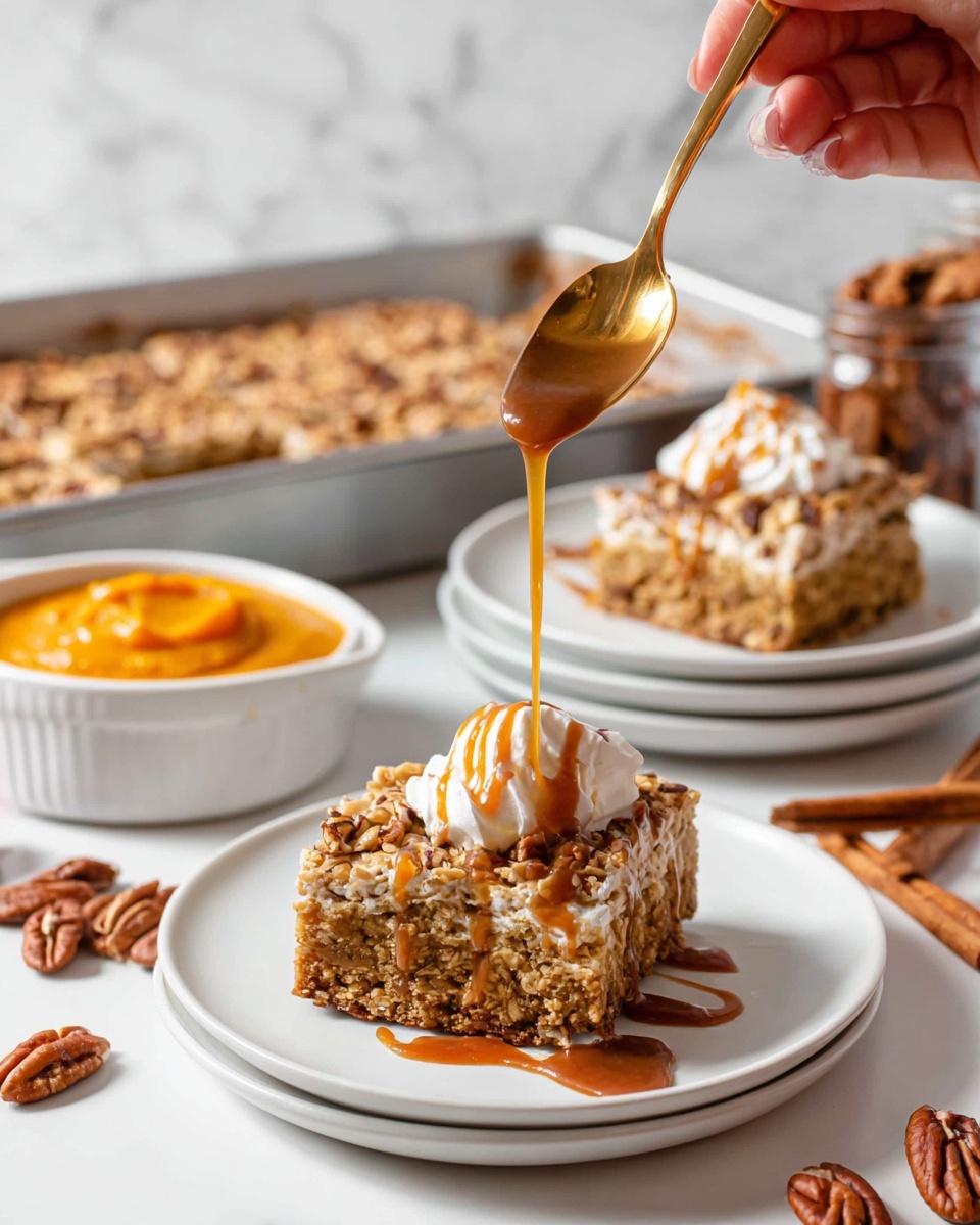 A square slice of crumbly pecan-topped cake with a golden-brown crunchy crust sits in the middle of a white plate on a white marbled surface. The cake has a crumbly texture with chopped pecans scattered all over the top and within the layers. On top of the slice, there is a big swirl of white whipped cream, and caramel sauce is drizzled generously over the whipped cream, dripping down the sides of the cake and pooling slightly on the plate. A bowl filled with orange-colored puree is blurred in the background behind the plate. Photo taken with an iphone --ar 4:5 --v 7
