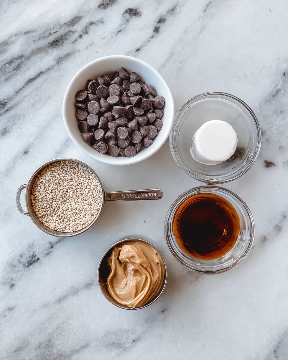 The image shows five small containers of ingredients arranged on a white marbled surface. At the top left, there is a white bowl filled with dark chocolate chips that look smooth and round. To the right of this bowl, there is a small clear glass bowl with a white round disk, resembling a marshmallow, inside it. Below these two, on the left side, there is a metal measuring cup holding small, light brown sesame seeds. To its right, there is a smaller clear glass bowl filled with a dark amber liquid, likely vanilla extract. Below the sesame seeds cup, there is another metal measuring cup containing a creamy, light brown almond butter with a smooth texture. The containers are neatly placed and evenly spaced. Photo taken with an iphone --ar 4:5 --v 7