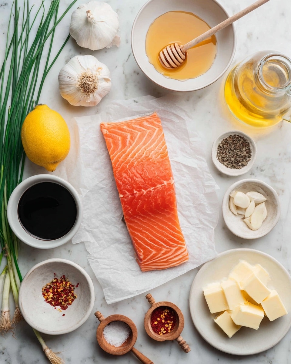 A fresh piece of raw salmon sits in the center on white parchment paper, showing a bright orange color with light white lines. Around it, ingredients are arranged on a white marbled surface: a bunch of green chives on the left, a whole garlic bulb with two peeled cloves below it, a small white bowl filled with dark soy sauce near the lemon, which is bright yellow and whole. Above the salmon, there's a white bowl with golden honey and a wooden honey dipper resting inside it. To the right of the salmon, a small white bowl with light oil, a tiny bowl with black pepper, and a wooden container with white salt and a small spoon are placed. There are two small wooden scoops with red spices and chili flakes near a white plate holding three chunks of pale yellow butter. A glass bottle containing light yellow oil is positioned near the top right corner. photo taken with an iphone --ar 4:5 --v 7
