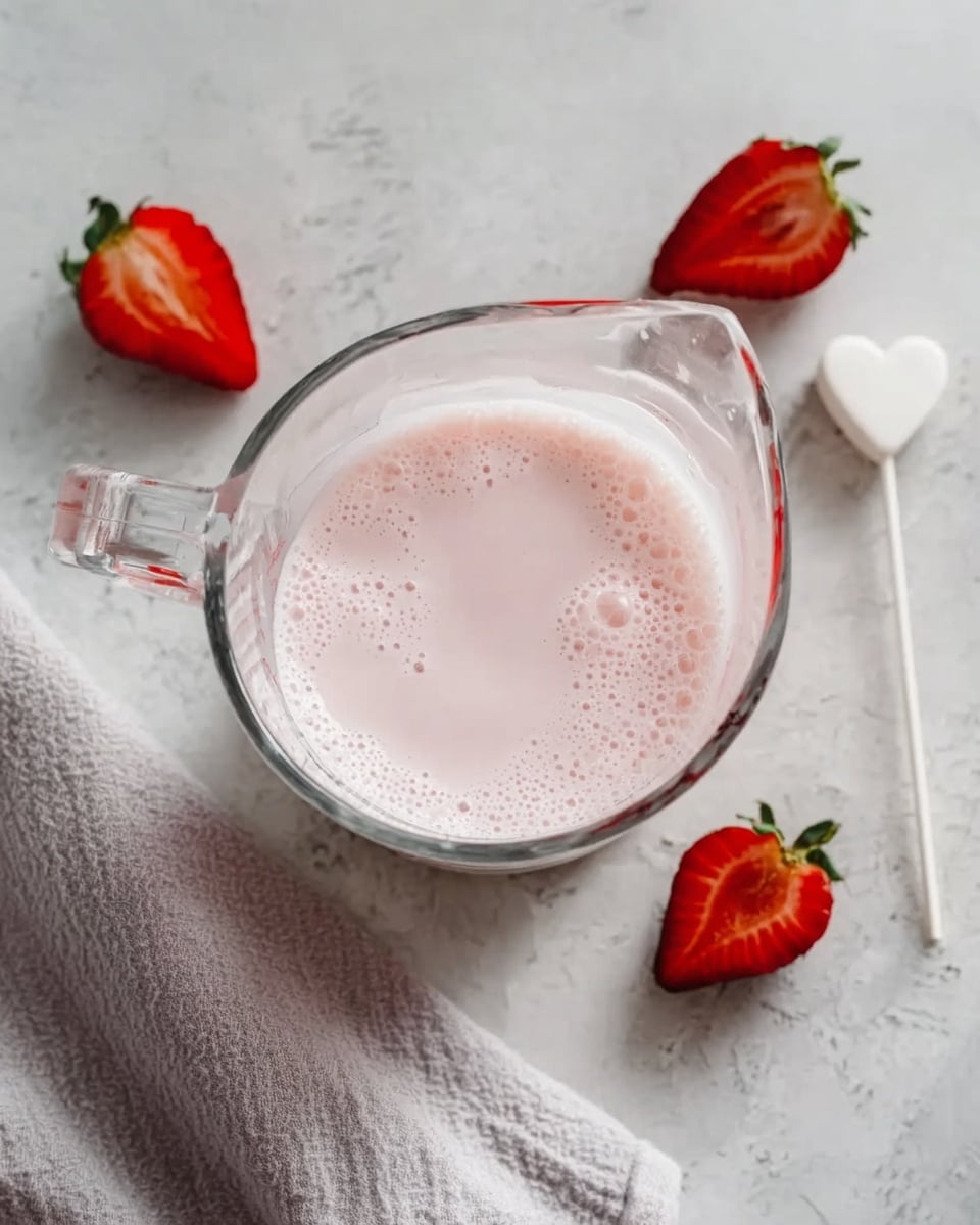 A clear glass measuring cup filled with a light pink creamy liquid showing small bubbles on the surface, placed on a white marbled table. Around the cup, there are three bright red strawberry halves with green tops, scattered at different angles. Near the cup is a light gray cloth, softly folded, and a white stick with a small white heart-shaped object on top lying on the table. The whole setup is softly lit, with a clean and simple look. photo taken with an iphone --ar 4:5 --v 7