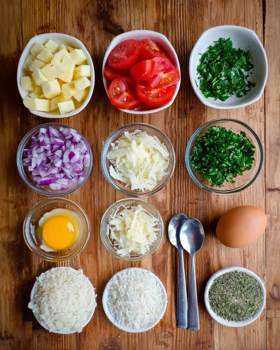 The image shows six white dishes and three spoons arranged on a wooden table. The top row has three white bowls: the left one is filled with cubed light yellow pieces, the middle one has evenly sliced red tomato rounds, and the right one contains chopped green herbs. The middle row has three small clear glass bowls, containing diced purple onions, shredded white cheese, and a raw yellow egg yolk with some egg white. Next to these bowls is a whole brown egg. The bottom row has three teaspoons lined up, filled with uncooked white rice, white salt, white minced garlic, and green dried herbs, from left to right. The scene is viewed from above. Photo taken with an iphone --ar 4:5 --v 7