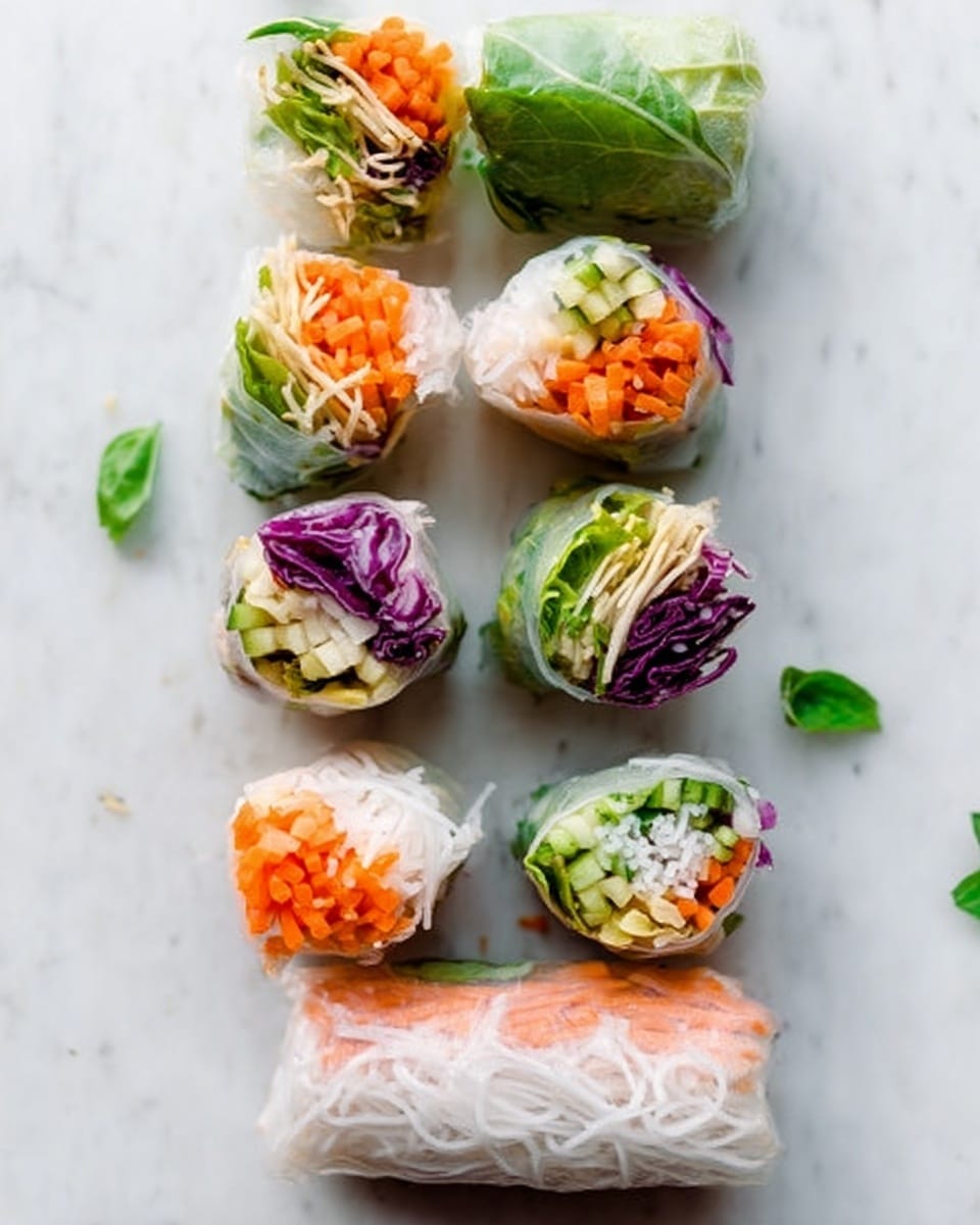 The image shows six fresh spring rolls on a white marbled surface arranged in a loose vertical line. Each spring roll is wrapped in thin, translucent rice paper, revealing colorful layers inside. The top roll shows green lettuce, orange carrot sticks, and thin white rice noodles. The second roll has bright purple cabbage, light orange carrot sticks, green lettuce, and white rice noodles. The third roll highlights mainly white rice noodles and a few leaves of green lettuce. The fourth roll includes orange carrot sticks and green lettuce clearly visible alongside white noodles. The fifth roll has denser orange carrot sticks, white noodles, and green lettuce. The last roll shows a woman’s hand holding it from the lower left side. Small green leaves are scattered around the rolls on the white marbled background. photo taken with an iphone --ar 4:5 --v 7