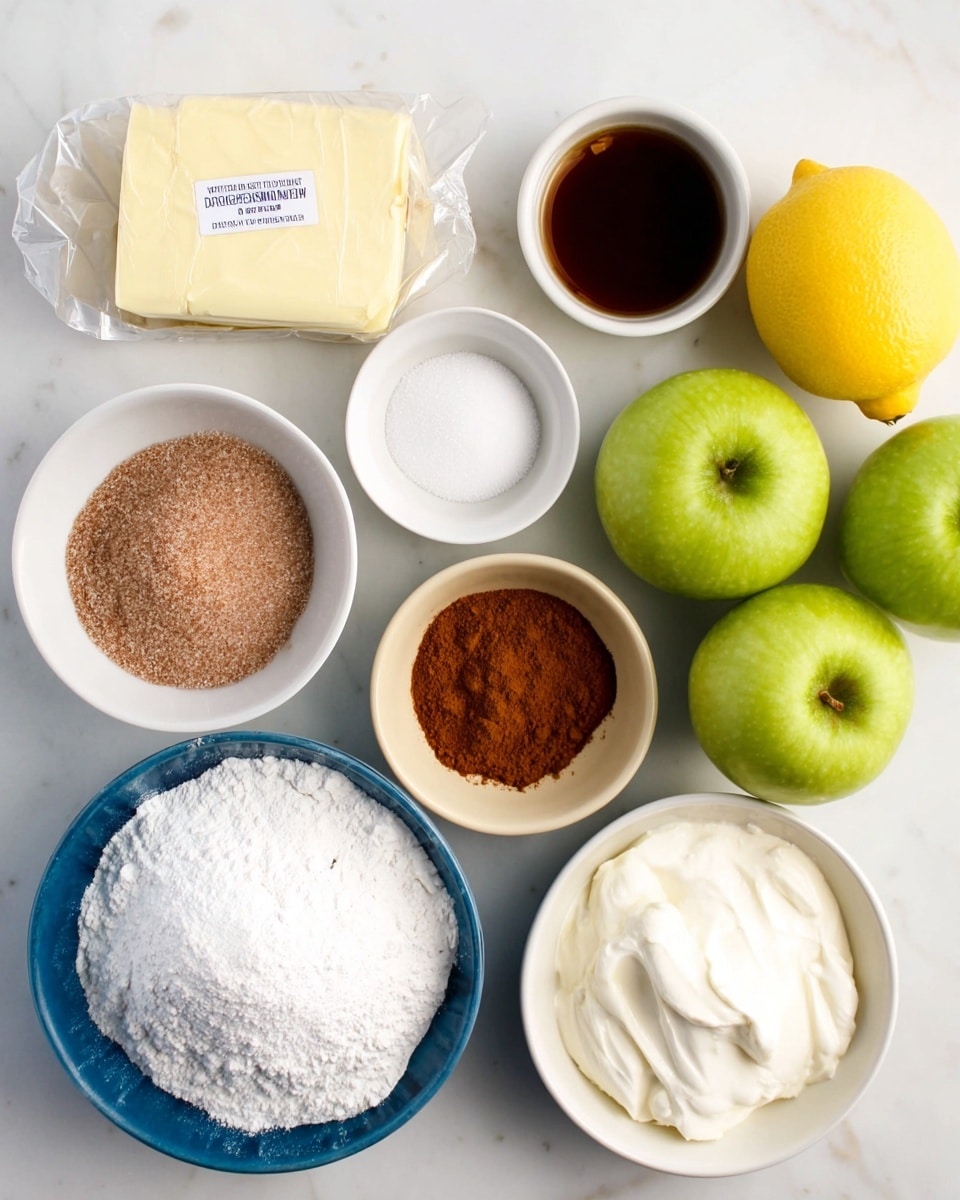 A top-down view of several ingredients arranged neatly on a white marbled surface, including three green apples grouped on the right side next to a bright yellow lemon; three small white bowls containing dark brown liquid, white powder, and light brown sugar, placed near a wrapped block of butter; a blue bowl filled with white powdered sugar positioned near a white bowl with thick white cream; and a small beige bowl with reddish-brown powder. The scene is clean and bright, with all bowls and containers white except the blue one. photo taken with an iphone --ar 4:5 --v 7