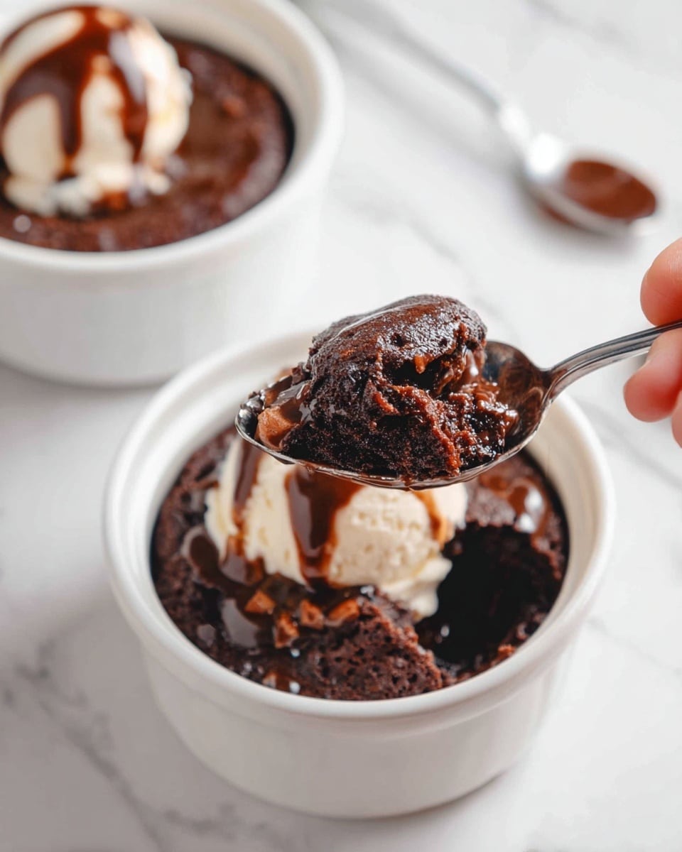 A close-up image of a dark brown chocolate dessert with a glossy, smooth, and shiny top layer that looks thick and rich. The texture is slightly bumpy with some small lumps visible throughout. A wooden spoon is scooping some of the glossy chocolate mixture from a white bowl, showing the thick and dense consistency beneath the shiny surface. The background is a white marbled texture. photo taken with an iphone --ar 4:5 --v 7