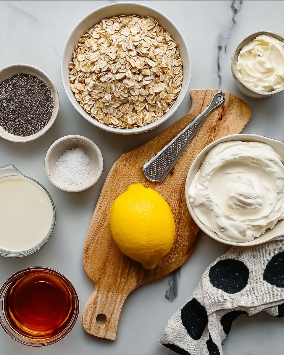 A top view of a white marbled surface with a wooden cutting board in the center holding a whole bright yellow lemon and a metal zester. Around the board, there are several white bowls and dishes: a large bowl filled with light brown rolled oats, a medium bowl with thick white whipped cream, a small bowl with black poppy seeds, a medium bowl with a light brown liquid, a small bowl with coarse white salt, a glass with dark amber liquid, and a clear glass container with white milk. A folded cloth with black abstract spots is partly visible next to the bowl of whipped cream. photo taken with an iphone --ar 4:5 --v 7