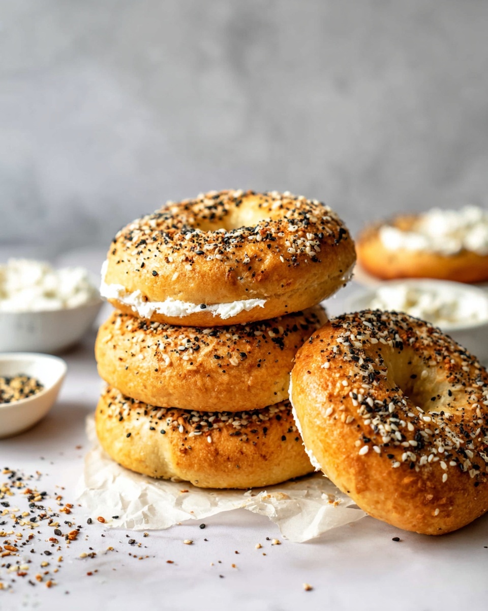 The image shows a stack of four golden brown bagels topped with a mix of white and black sesame seeds, small pieces of garlic, and poppy seeds. The bagels have a slightly crunchy texture on the outside with a soft interior visible on one lying flat, spread with creamy white cheese. The scene is set on a white marbled texture surface with small dishes of seeds and creamy white cheese in the blurred background, giving a simple, fresh look. Photo taken with an iphone --ar 4:5 --v 7