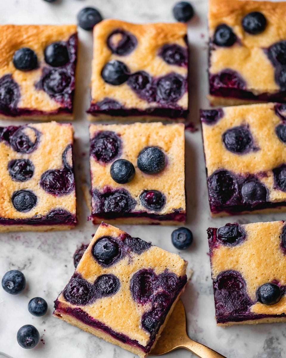 The image shows several square slices of a blueberry dessert arranged closely together on a white marbled surface. Each slice has a light golden-brown top layer that looks soft and slightly spongy, with whole blueberries embedded on the surface, some of which are bursting out slightly showing dark purple juice. The middle layer has a deep purple-blue color from the blueberries, creating a rich contrast with the top layer. Scattered fresh blueberries are placed around the slices. A gold spatula is partially visible under one of the slices, lifting it gently. The overall look is neat and inviting, highlighting the texture and color of the baked dessert. photo taken with an iphone --ar 4:5 --v 7