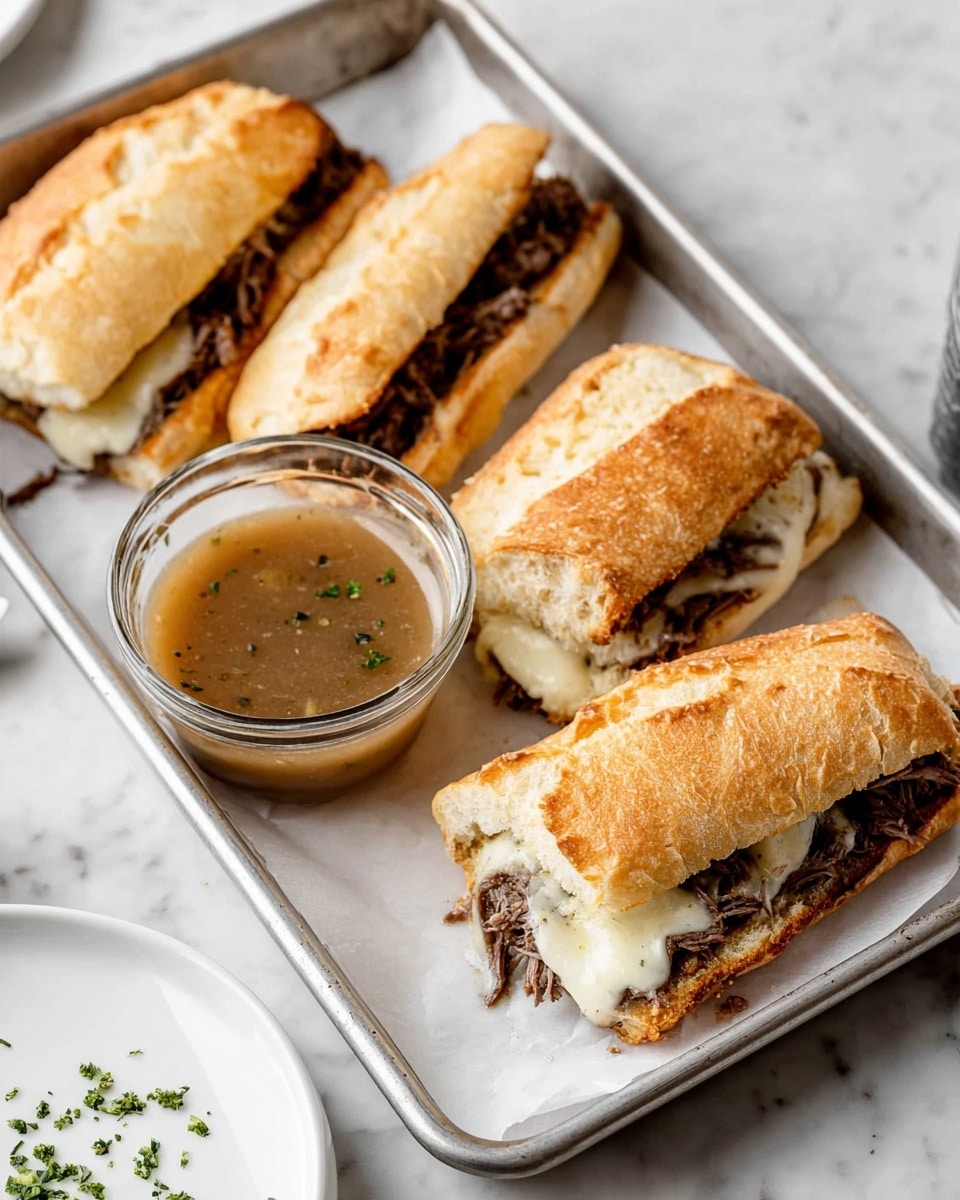There are four sandwiches placed on a rectangular metal tray lined with white paper, each sandwich made with a golden-brown, toasted ciabatta roll that has a slightly crispy texture. Inside the sandwiches, there is a layer of dark brown shredded meat topped with melted white cheese that looks creamy and soft. Next to the sandwiches, there is a small clear glass bowl filled with a light brown broth that shows small bits of meat floating in it. The tray is set on a white marbled surface with a white plate visible on the side sprinkled with small green herb pieces, creating a clean and fresh look. photo taken with an iphone --ar 4:5 --v 7