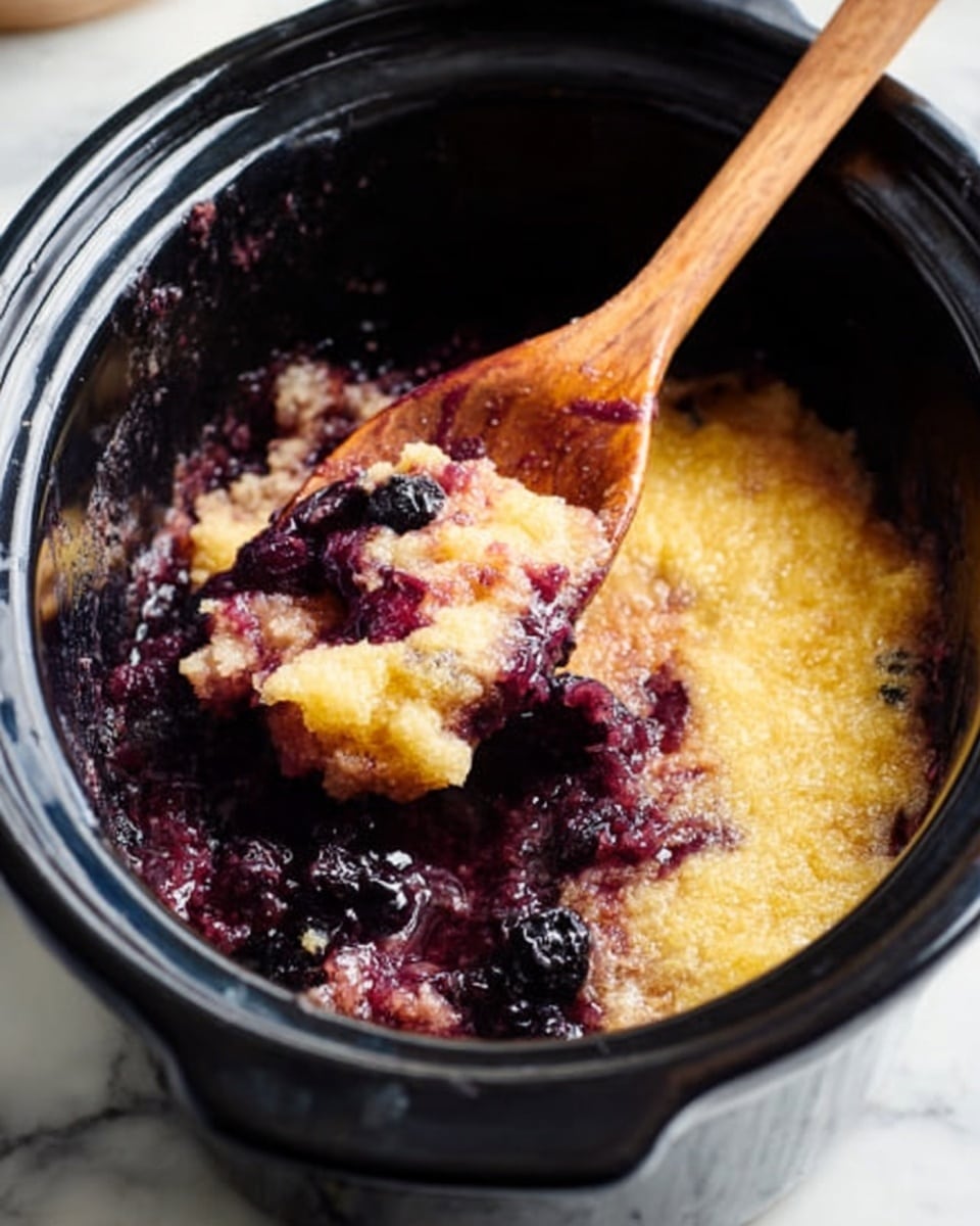 A black slow cooker filled with a mixed dessert inside, showing a layer of soft, bubbling golden brown topping covering a dark purple fruit layer beneath; a wooden spoon with a smooth texture is resting inside the pot, scooping some of the dessert, with bits of dark fruit visible on it. The background is a white marbled surface. photo taken with an iphone --ar 4:5 --v 7