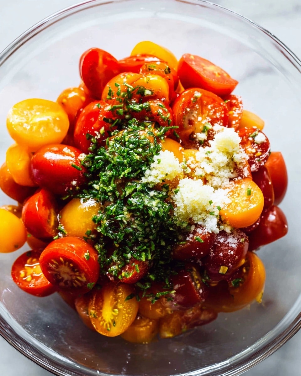 A clear glass bowl filled with a mix of red, yellow, and orange cherry tomatoes, all sliced into halves and quarters, showing juicy and shiny textures. On top of the tomatoes, there are three small piles of finely chopped green herbs and finely minced white garlic, along with a sprinkling of white coarse salt, creating a contrast against the colorful tomatoes. The background and surface beneath the bowl are a white marbled texture. photo taken with an iphone --ar 4:5 --v 7