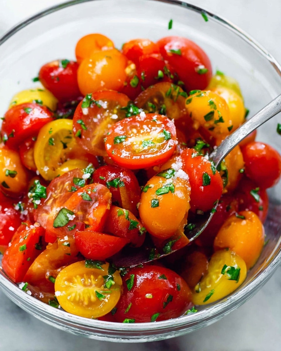 A close-up of a bowl filled with halved small tomatoes in red, orange, and yellow colors, mixed with chopped green herbs sprinkled on top. The tomatoes have a shiny, juicy texture with visible seeds inside. Some coarse salt crystals are scattered over the tomatoes, adding a bit of sparkle. A silver spoon is resting inside the bowl, slightly lifting a few tomato halves. The bowl is clear glass and placed on a white marbled surface. Photo taken with an iphone --ar 4:5 --v 7