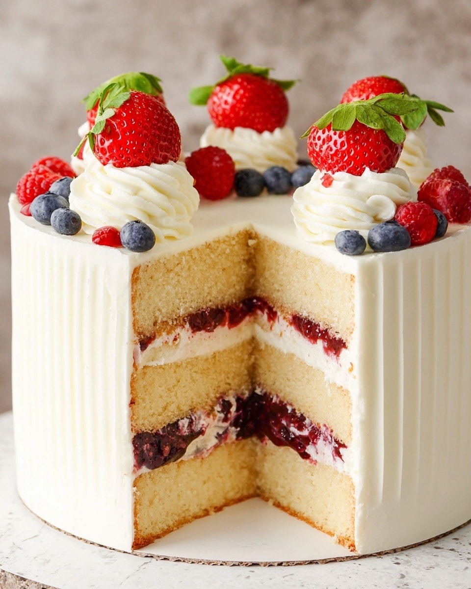 This is a three-layer round cake with light beige sponge layers separated by white cream and dark red berry jam layers. The outside is smooth white cream with vertical ridges on the side. On top, there are six white cream swirls spaced evenly around the edge, each topped with a whole red strawberry with green leaves. Small blueberries and red raspberries are placed around the cream swirls on top. The cake sits on a white base with a white marbled textured background. photo taken with an iphone --ar 4:5 --v 7