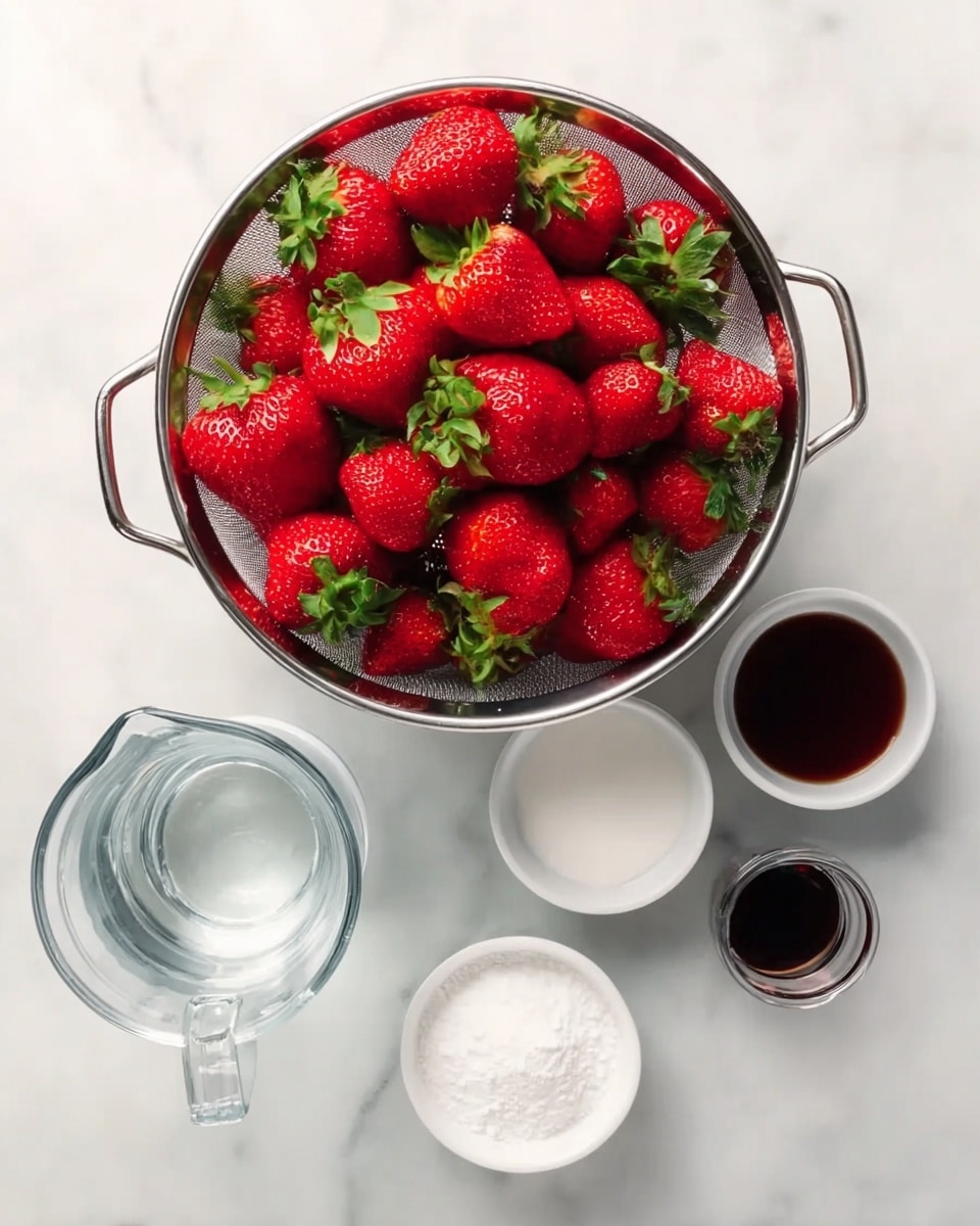 A top view shows a metal colander full of fresh red strawberries with green leaves inside, positioned at the top center of the white marbled surface. Below it, there are four small white bowls arranged loosely in a square: the top right bowl contains a white powder, the bottom right holds a dark liquid, the bottom left is filled with water in a glass measuring cup, and the top left bowl is filled with white granulated sugar. The scene is bright and neatly arranged, emphasizing the fresh ingredients. photo taken with an iphone --ar 4:5 --v 7